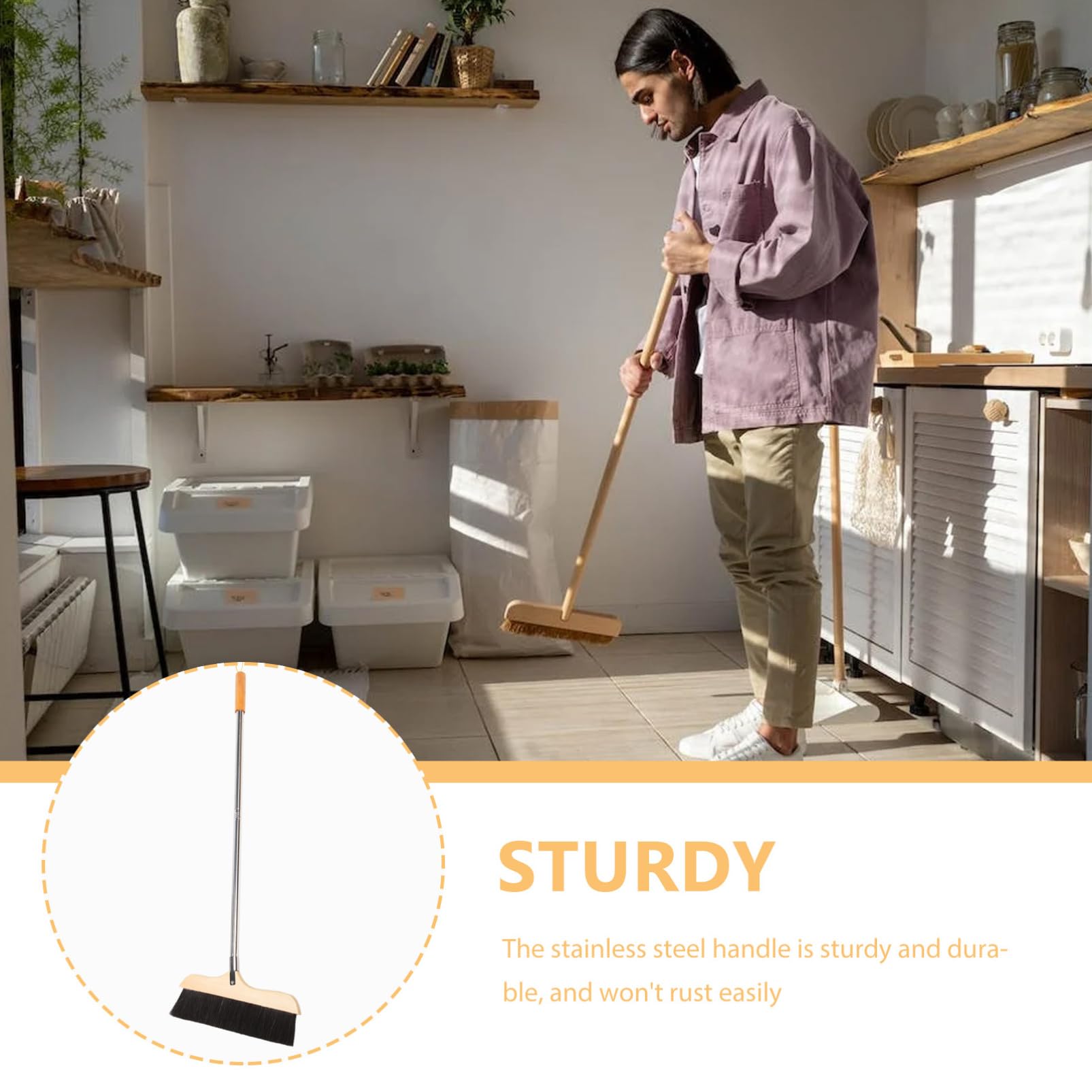 HAPINARY Home Horsehair Broom Soft Bristle Floor Broom Metal Handle Long for Pet Hair Removal Hardwood Floors