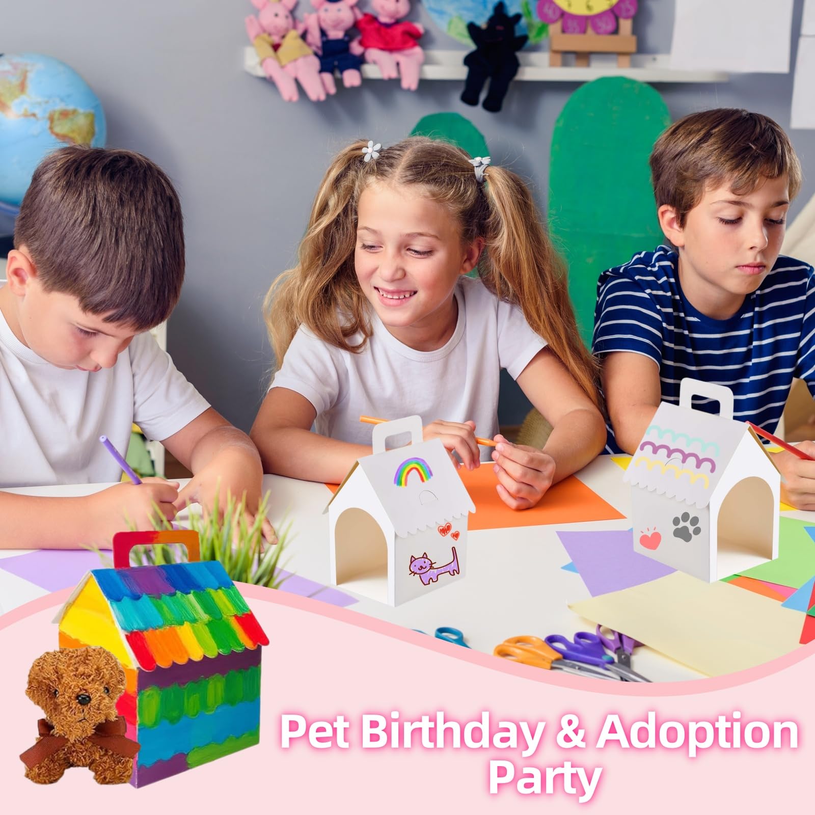 ACUDUDOMA Pudełka na upominki na przyjęcie dla psa z uchwytem, składane pudełka na prezenty w kształcie domku dla psa z otworami do adopcji szczeniaka, zwierząt domowych, majsterkowanie, artykuły