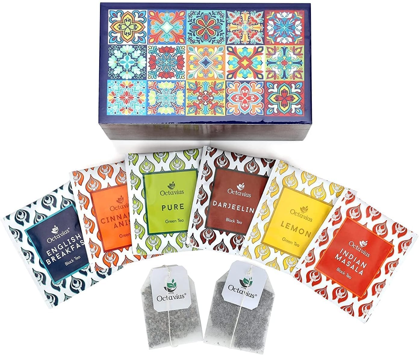 Octavius Tile Motif Wooden Tea Gift Box - 30 Assorted Tea Bags | Black & Green Sampler | Premium Assorted Tea Gift Set | Luxury Box for Gifting.
