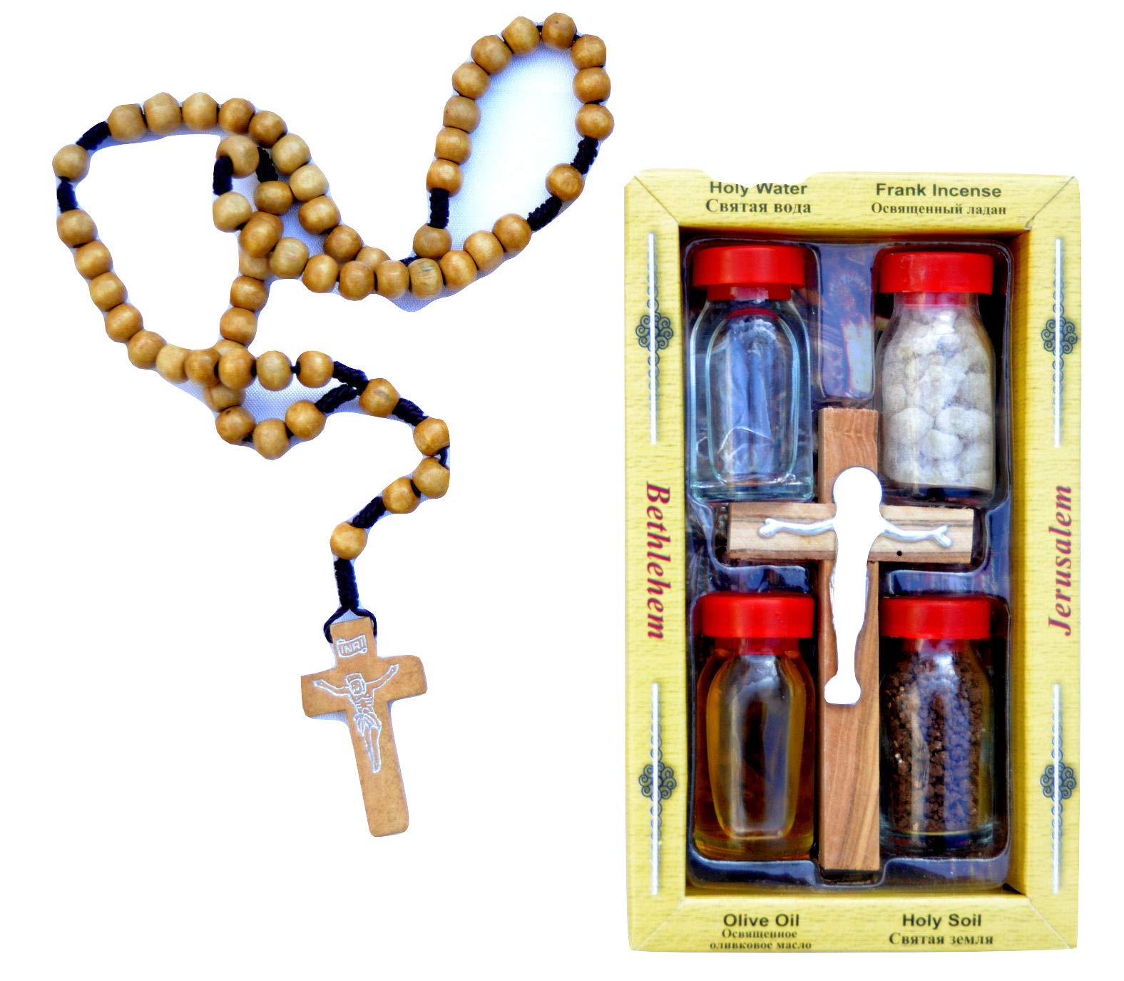 Set de rosetón de madera de olivo con incienso y cruz de Tierra Santa