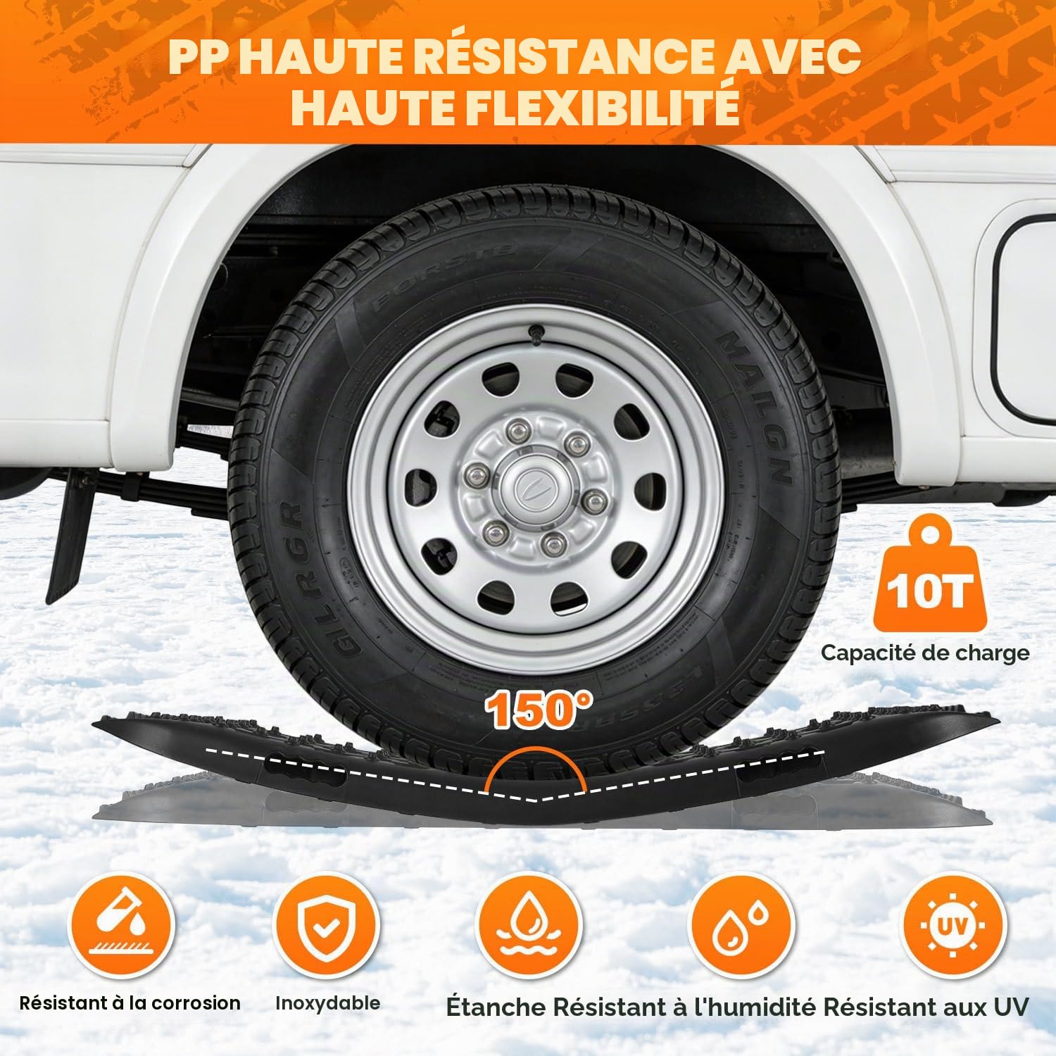 Lot de 2 plaques de sable - 106 x 31 cm - Capacité de charge : 10 T - En nylon très résistant - Avec sac de rangement et outil d'installation - Aide au démarrage pour la neige, la boue