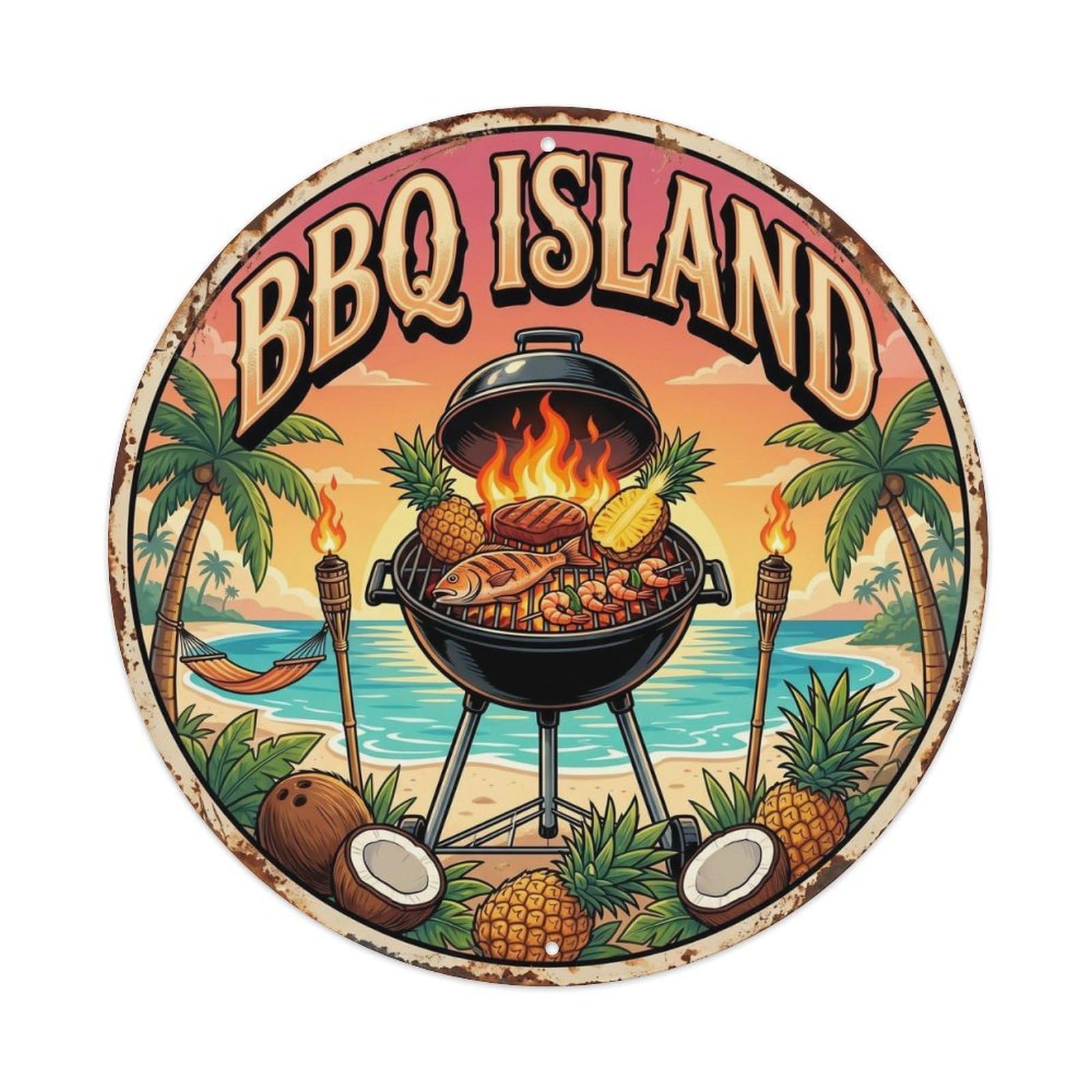Yrnq Vintage Style-24 Vintage Bbq Barbecue Island Artwork Metal Tin Sign Plaque Wall Decor For Cafe, Club, Garden Round Metal Poster 8X8inch
