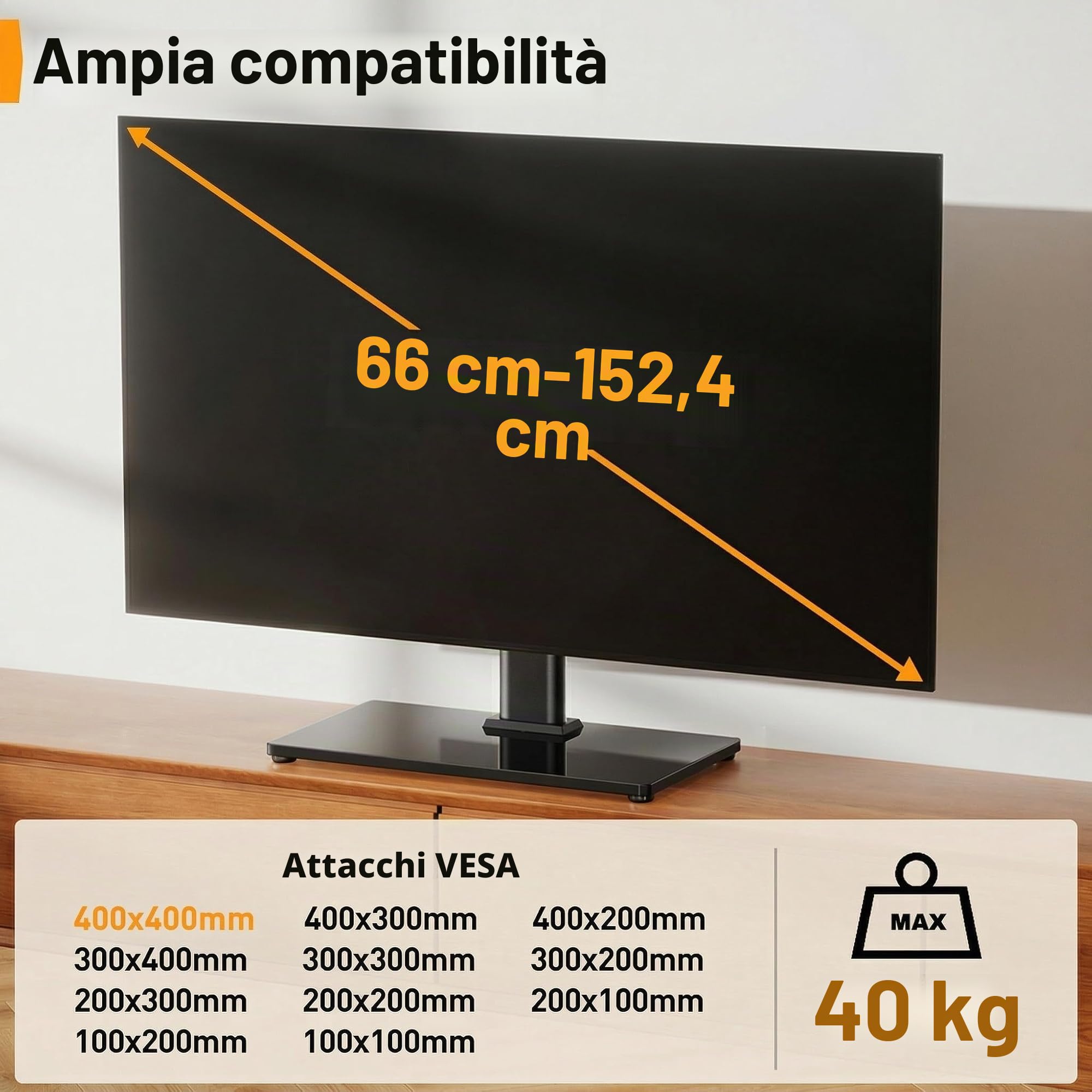 Supporto Girevole da Tavolo per TV 26-60 Pollici Regolabile in Altezza Base Vetro Temperato VESA 400x400mm 40 kg