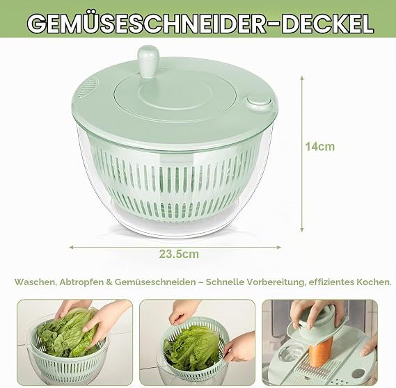 VINATO 4.5L Salad Spinner with Vegetable Cutter - For Washing Spinning Slicing. Includes 5 Cutting Inserts + 1 Juicer Insert Large Salad Bowl