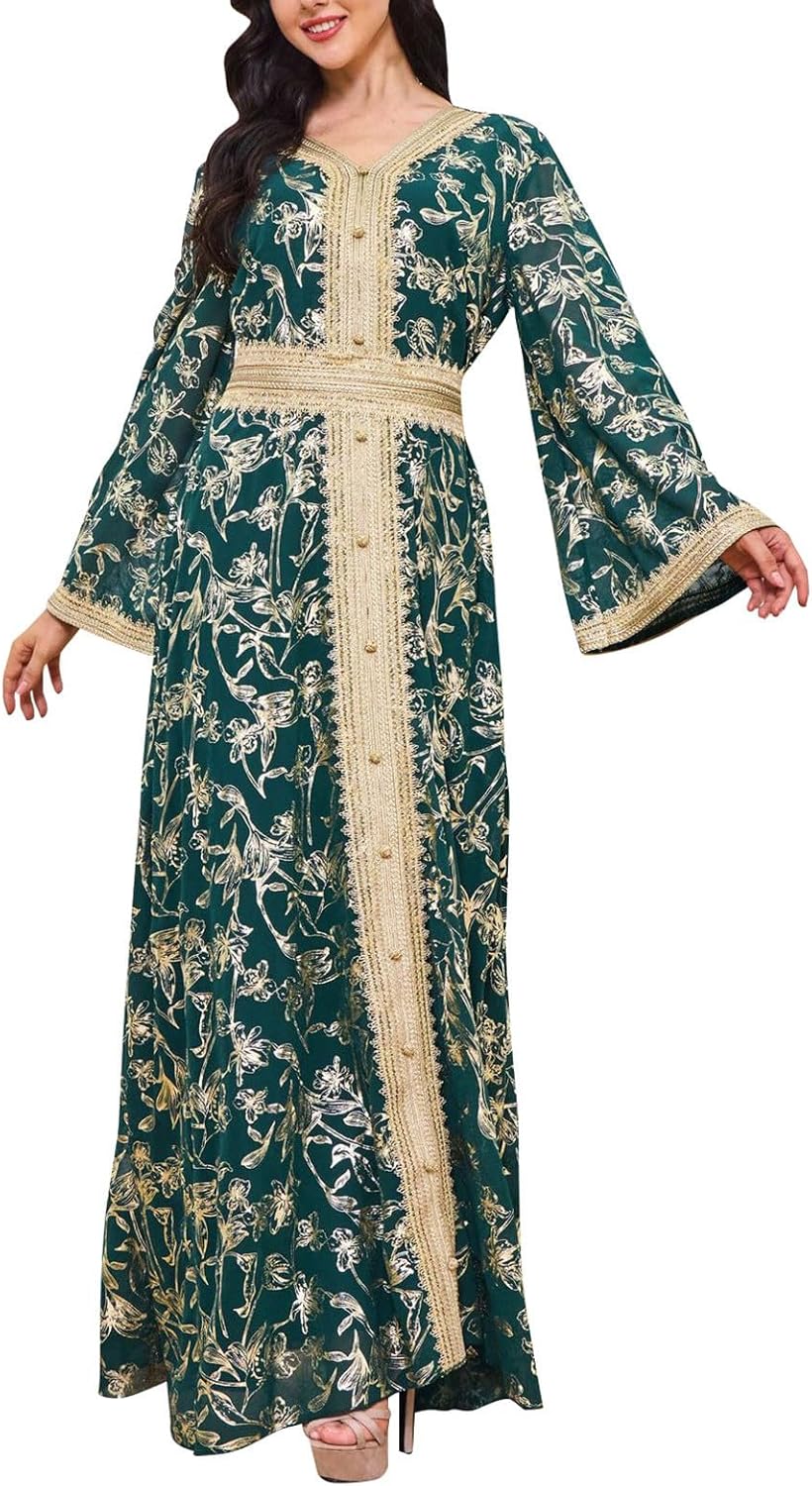 Abito Da Donna Musulmano Abito Chemisier Collare In Piedi Stampato Islamico Abito A Tunica Abito Lungo Dubai Medio Oriente A Copertura Totale Abito