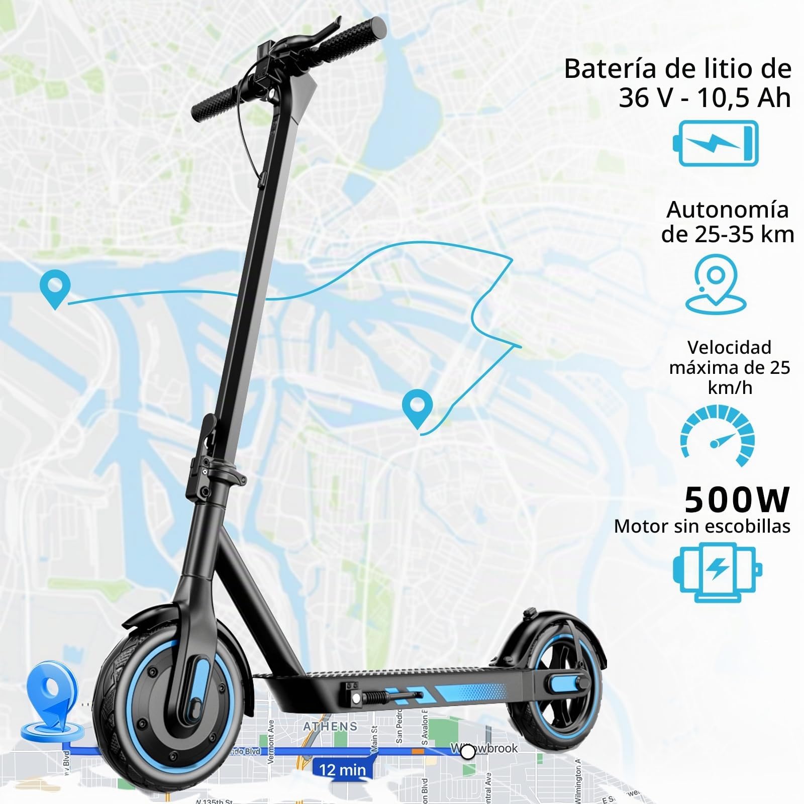 EGGKING Patinete Electrico Adultos, Potencia Nominal 500W, Autonomía 35 Km, App Control, 25Km/h, 10.5Ah Batería, 10" Neumático, Luces LED Delanteras/Traseras, 3 Modos De Elocidad
