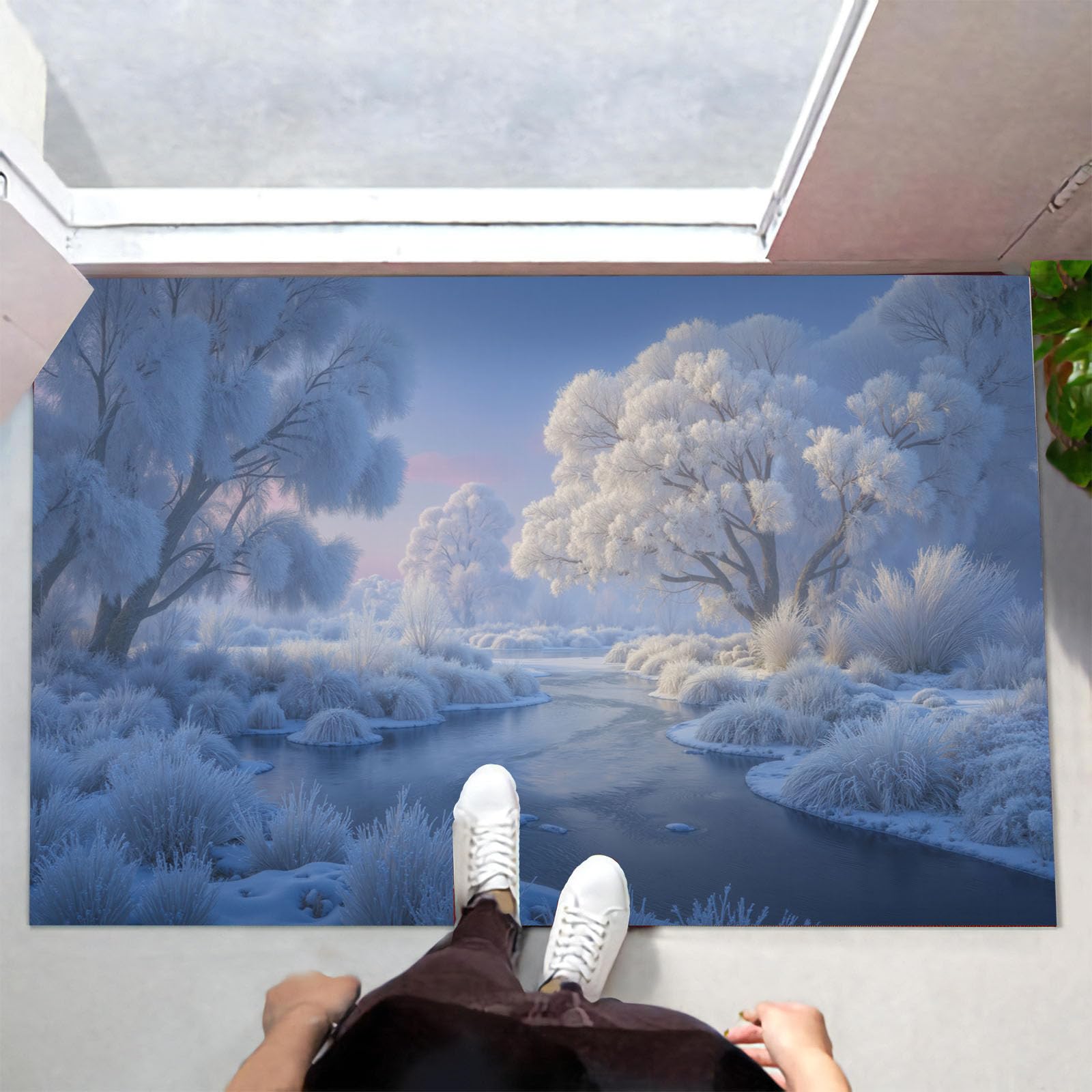 Waschbar Fußmatte Bäume Bäche - 80x120cm -Willkommen Fussmatte Ruhige Winterlandschaft rutschfeste Fußmatte für den Eingang für Hauseingänge, Flure, Außentüren