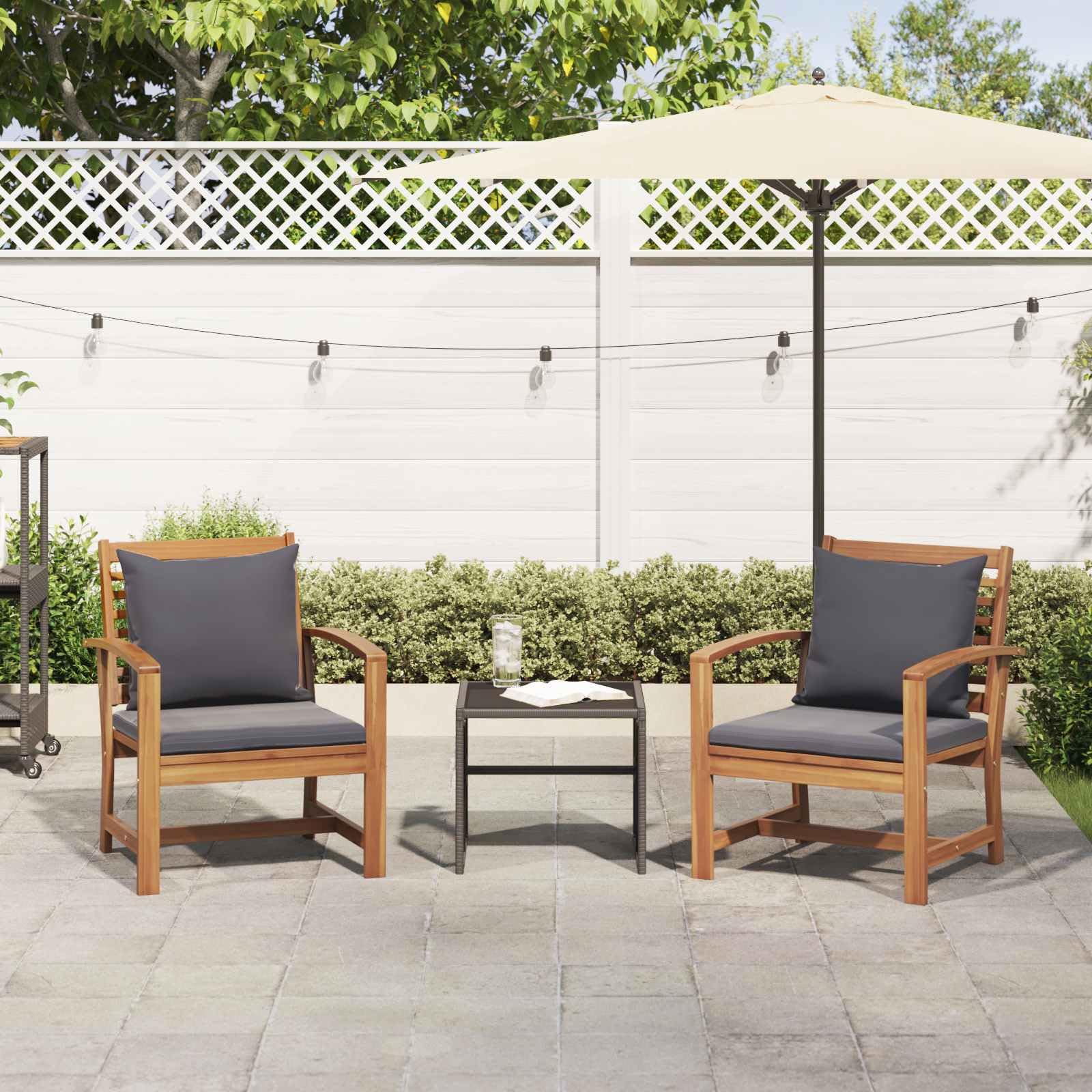 Set di mobili da giardino in legno di teak massiccio con 2 sedie e cuscini, marrone grigio scuro, resistente alle intemperie, durevole, per terrazza, balcone, giardino