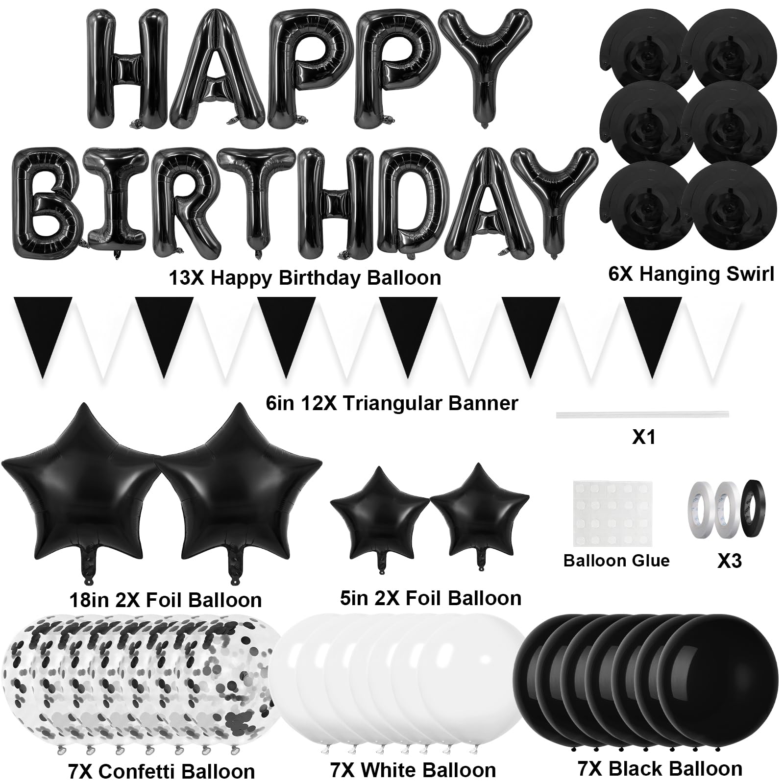 Decorazioni Compleanno LITAUS - Set 16 Pezzi Nero Con Striscione