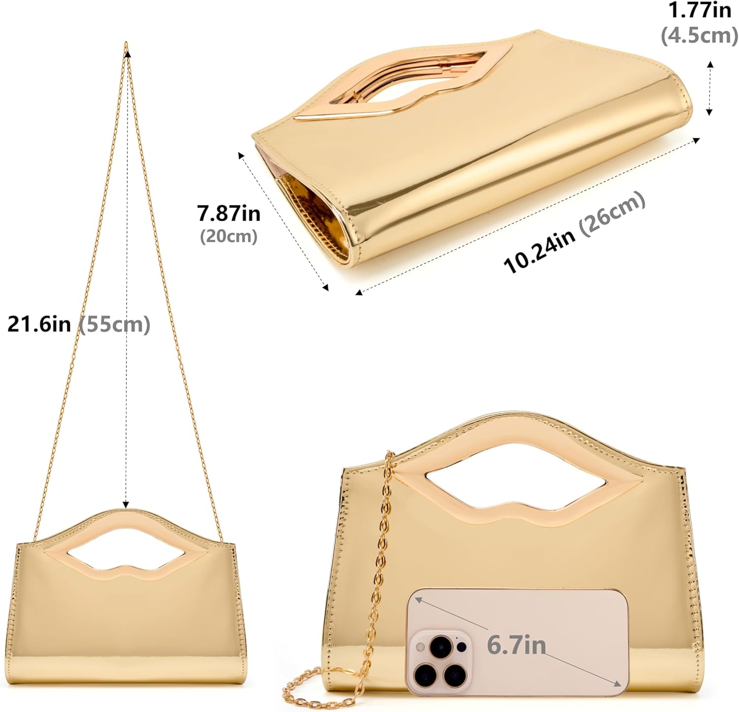 Gurina Patent Leather Clutch for Women with Lips-Shaped Handle​ & Detachable Chain, Perfect for Wedding, Party & Prom