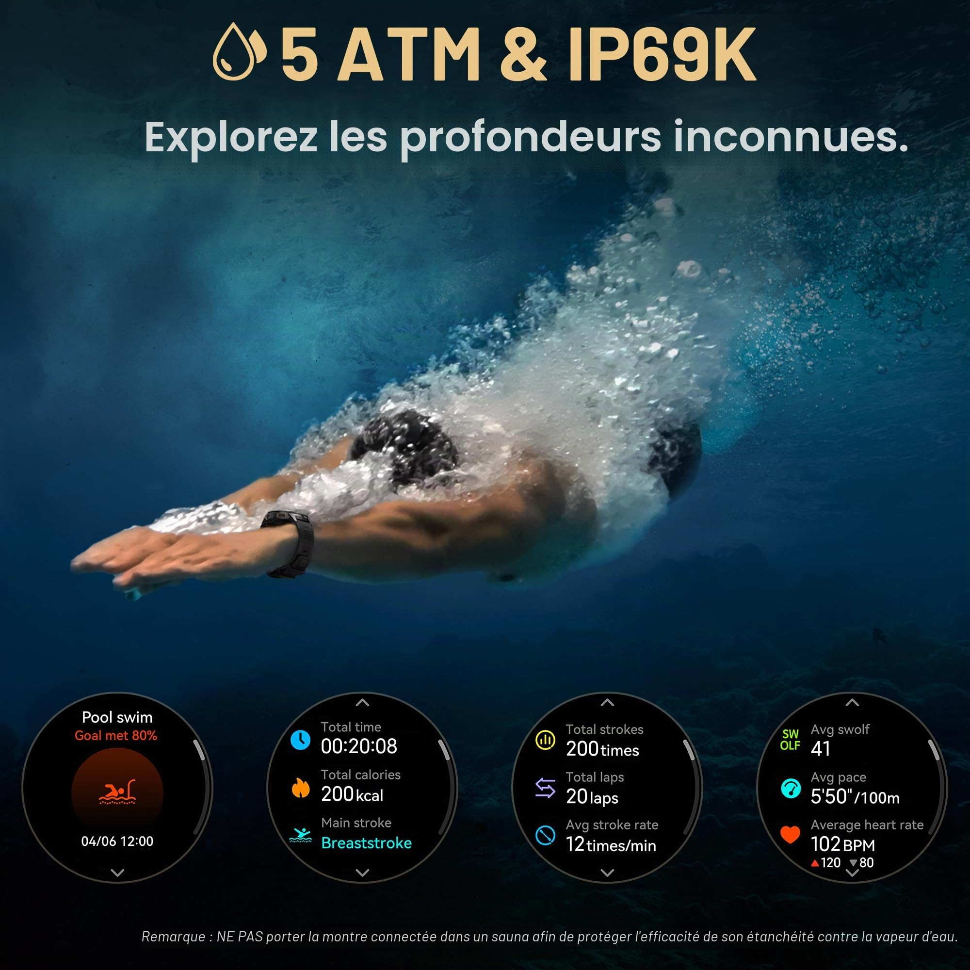 KOSPET Tank T3 Montre Connectée Homme, Boîtier Robuste en Acier Inoxydable | Batterie de Grande, 5 ATM Étanche, IP69K, Suivi du Sommeil et Fréquence Cardiaque, Appel Bluetooth, Boussole et Altimètre