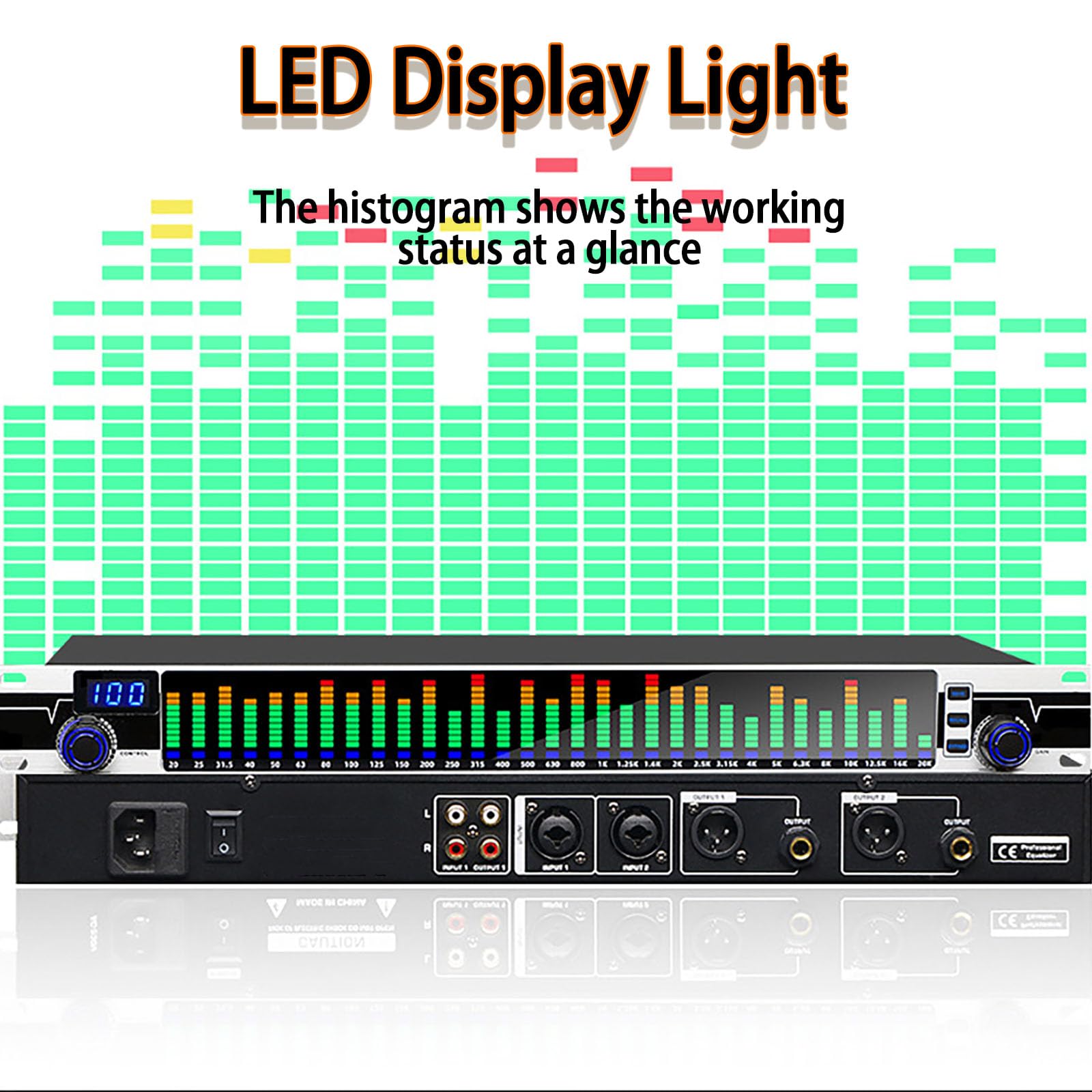 Analizador de espectro de audio: ecualizador digital con procesador de 31 bandas, pantalla de espectro LED, 10 preajustes, ajuste independiente de bajo/medio/agudos para sonido en vivo