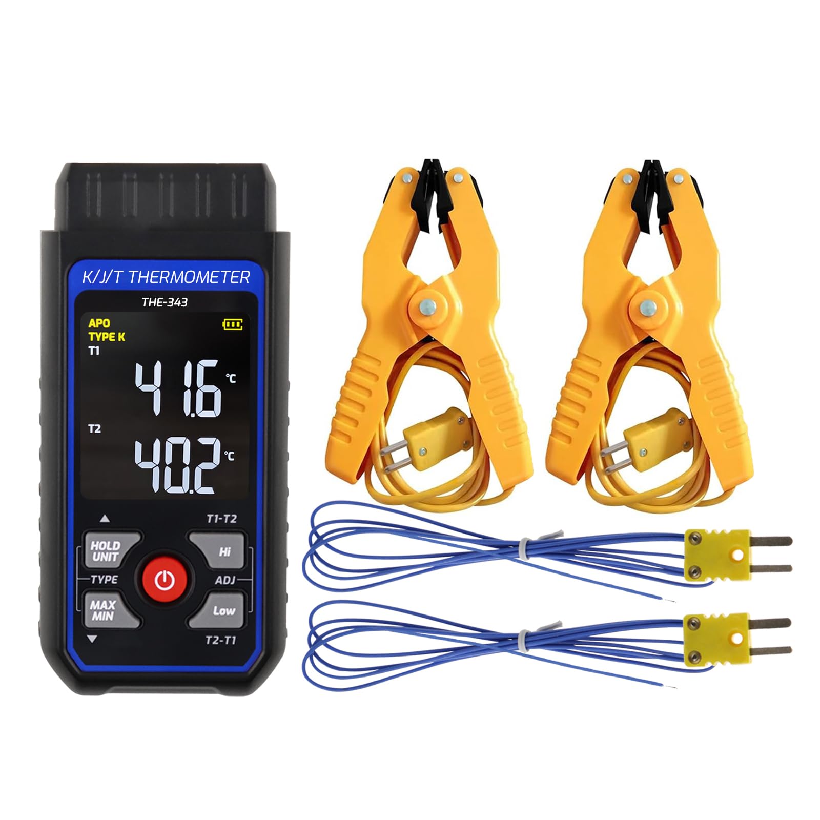 Thermomètre Numérique à Thermocouple pour CVC avec 2 Pinces Thermométriques et 2 Sondes à Thermocouple Filaires, Double Canal avec Alarme et Compensation ADJ (-328~2500 ℉)