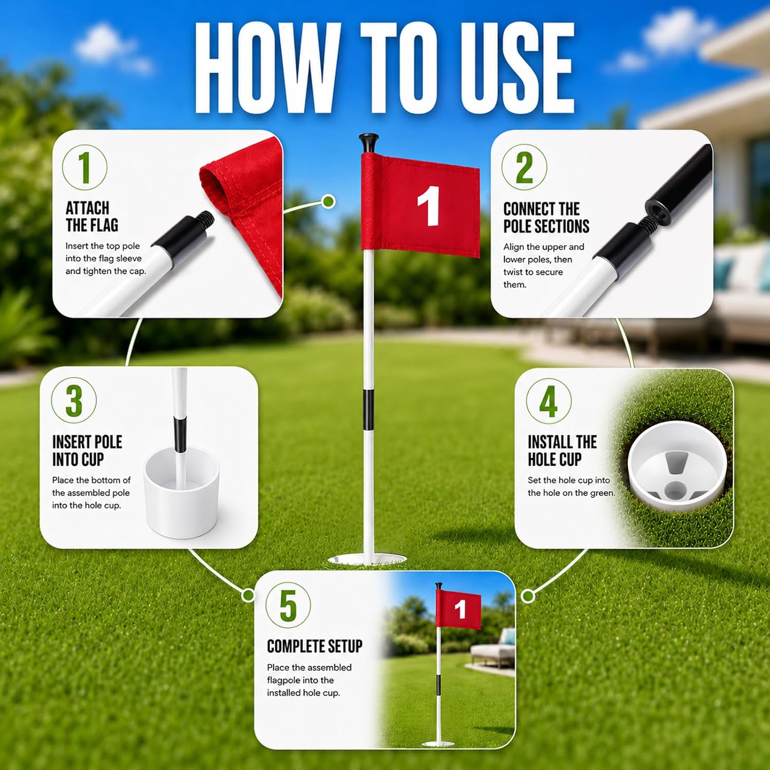 3FT Golf Flagsticks Mini with Flags and Cup Bases, Fiberglass Practice Flag Poles for Putting Green, Easy to Assemble, Portable for Backyard Indoor Outdoor Golf Practice (2 Pack -W)