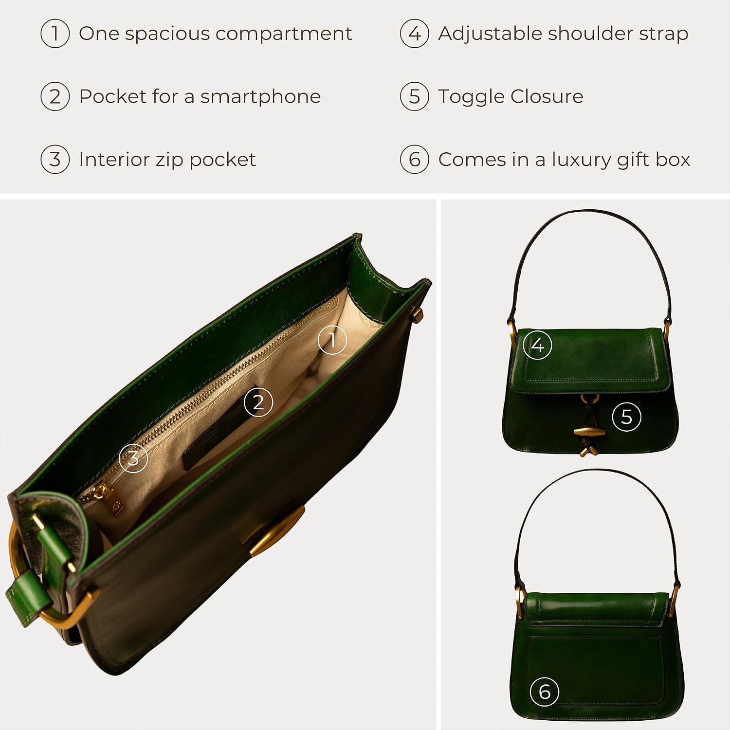 Time Resistance Leather Shoulder Bag – Full-Grain Leather Handbag with Toggle Closure – Elegant Handbag for Women