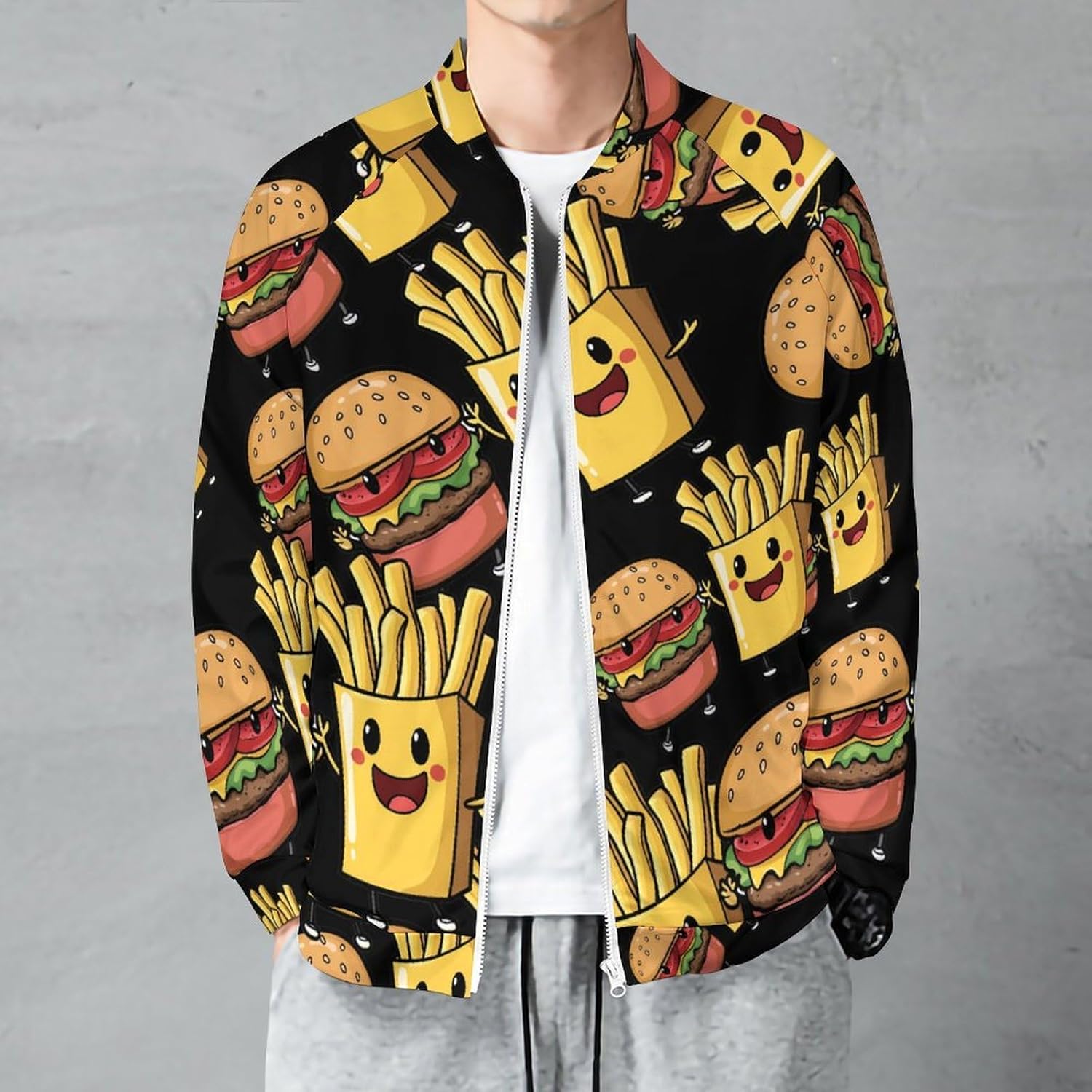 Cute Hamburger French Fries Men's Zip Up Sweatshirt Casual Sweater Jackets Long Sleeve Tops Lightweight Coat