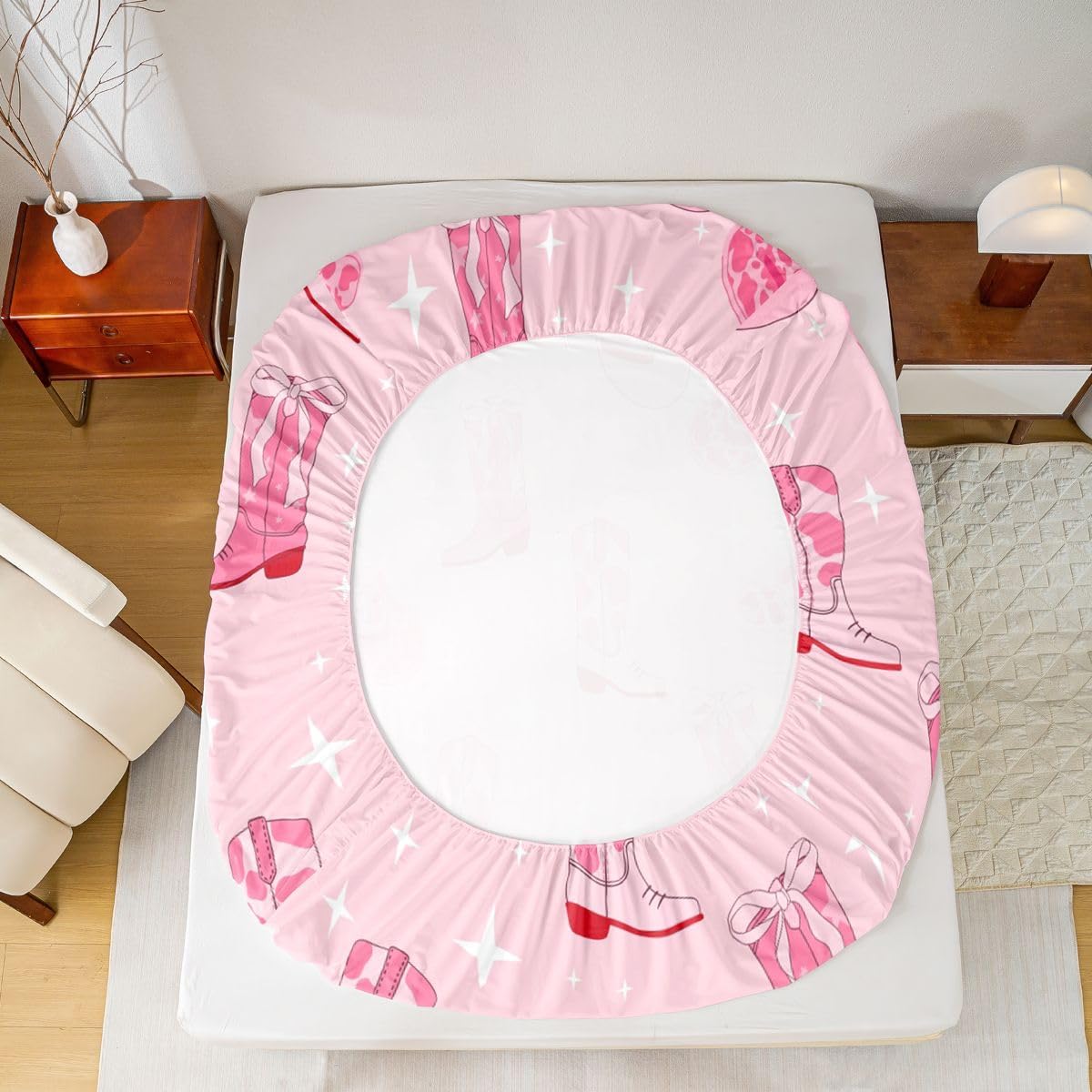 Manfei Cowgirl Pink Fitted Sheet King Size with 2 Pillowcases,Western Cowgirl Boots Hats Tribal Bed Sheet Set,Cartoon Lightning Pink Cowhide Starry Top Flat Sheet Microfiber Breathable