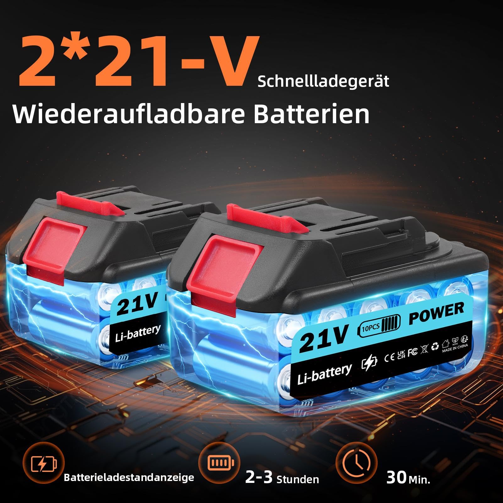 Viugreum Akku Hochdruckreiniger, 21V 100bar Hochdruckpistole Wasserpistole, Tragbarer Hochdruckreiniger Autowäsche mit 6-in-1-Multifunktions Düse, 2 Akkus, 5m Schlauch für Auto, Terrasse, Fenster Pool