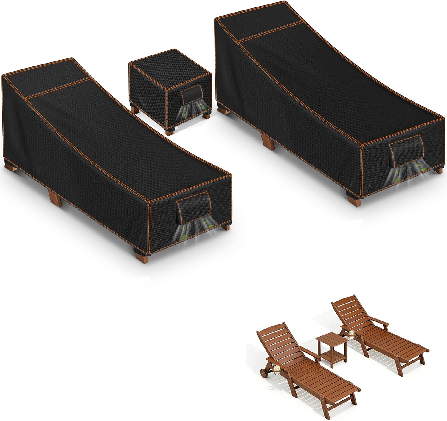 Outdoor Chaise Lounge Covers, 2 Pack 76'' x 32'' x 32'' Waterproof Outdoor Lounge Chair Covers and 21''x21 x21'' Side Table Cover, Pool Lounge Chair Covers UV Fade Protection, Tear-Resistant, Black