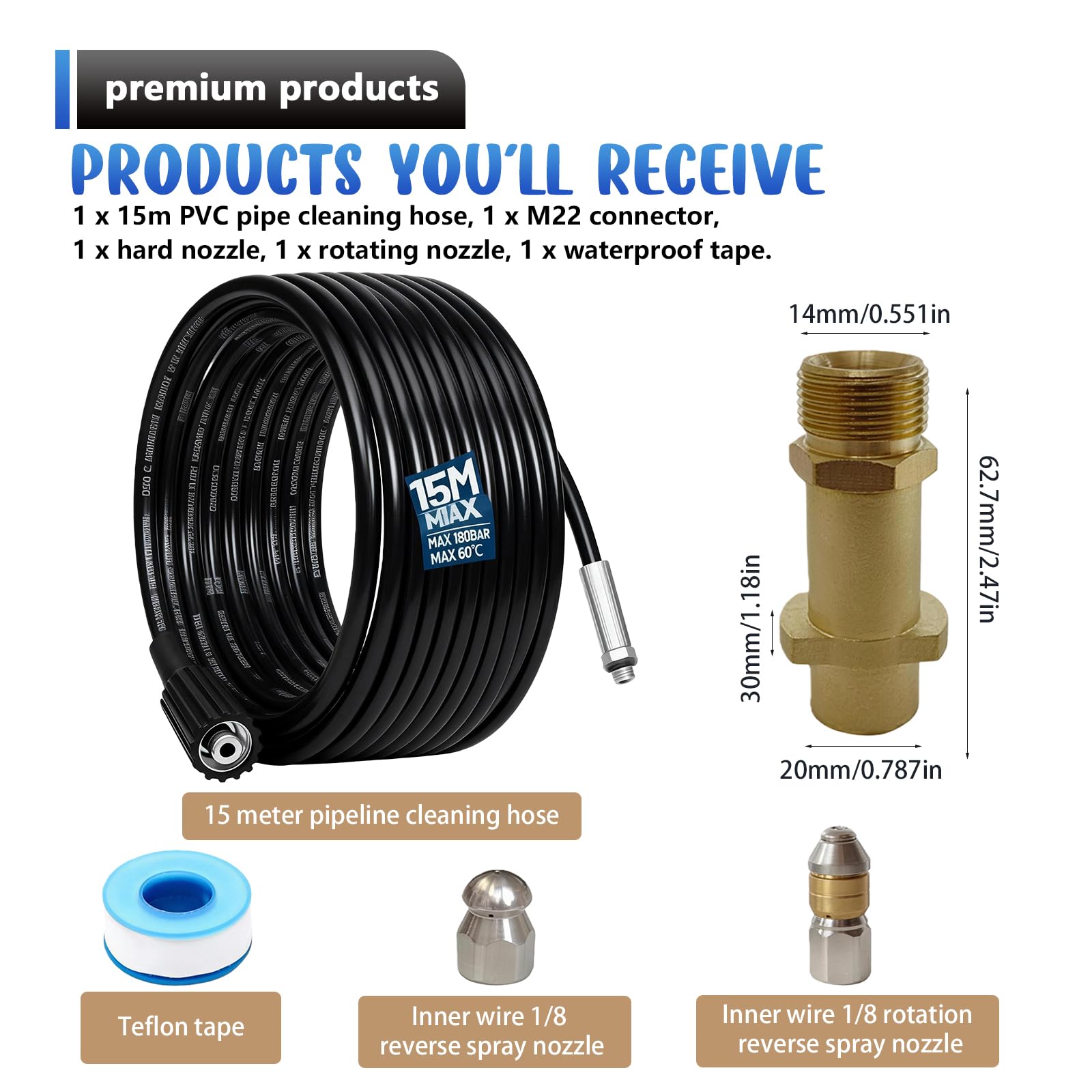 15M Tuyau de Nettoyage Haute Pression, 180 Bar 60°C Tuyau Déboucheur Canalisation avec Adaptateur M22, Buse Fixe/Rotative, Kit Furet Professional Compatible avec les Nettoyeurs Haute Pression K2-K7