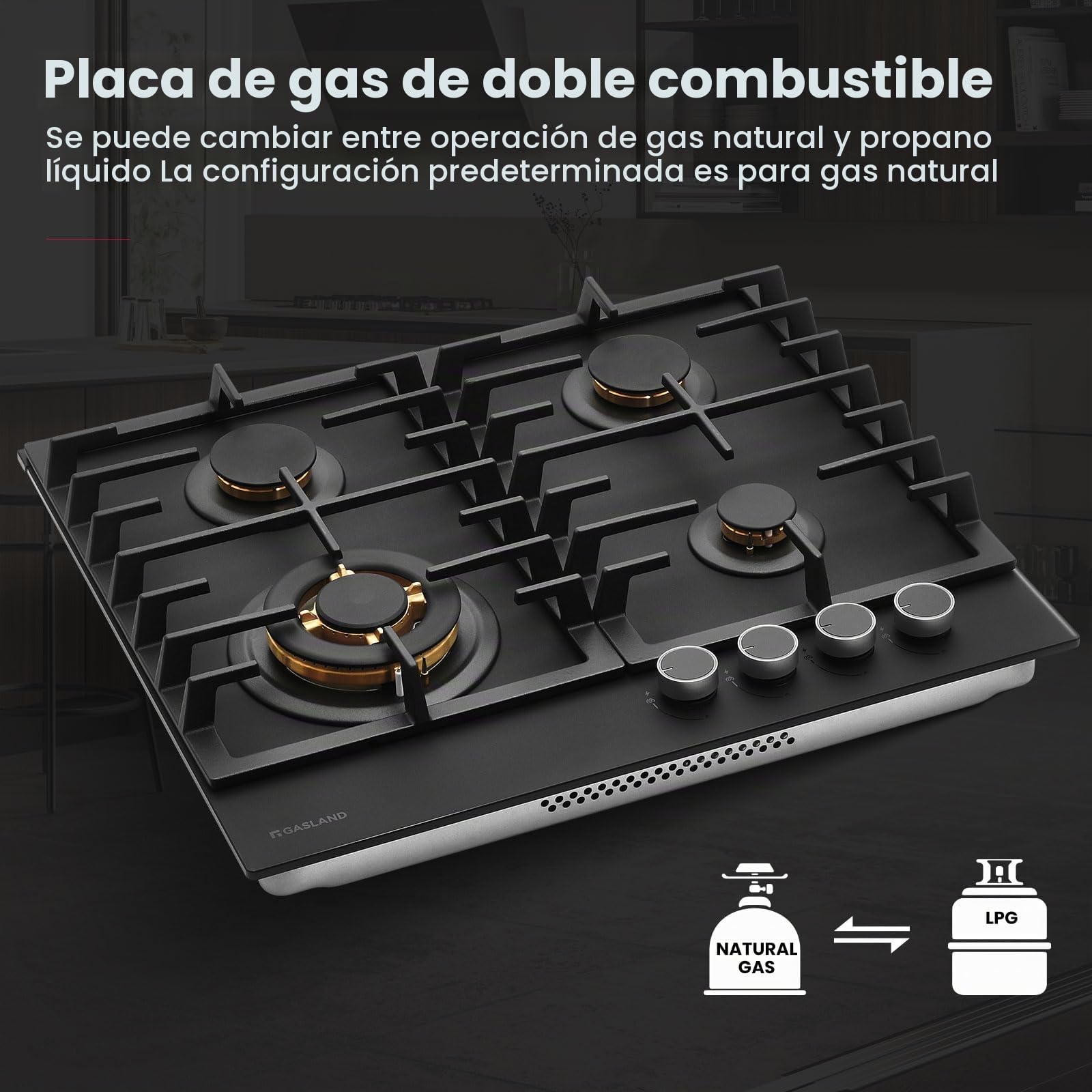 GASLAND PRO GH2604BG1FC - Placa de cocción con 4 luces de cristal, mesa de cocción con botones iluminados, 60 cm con quemadores de latón, compatible con Butano, 8000 W