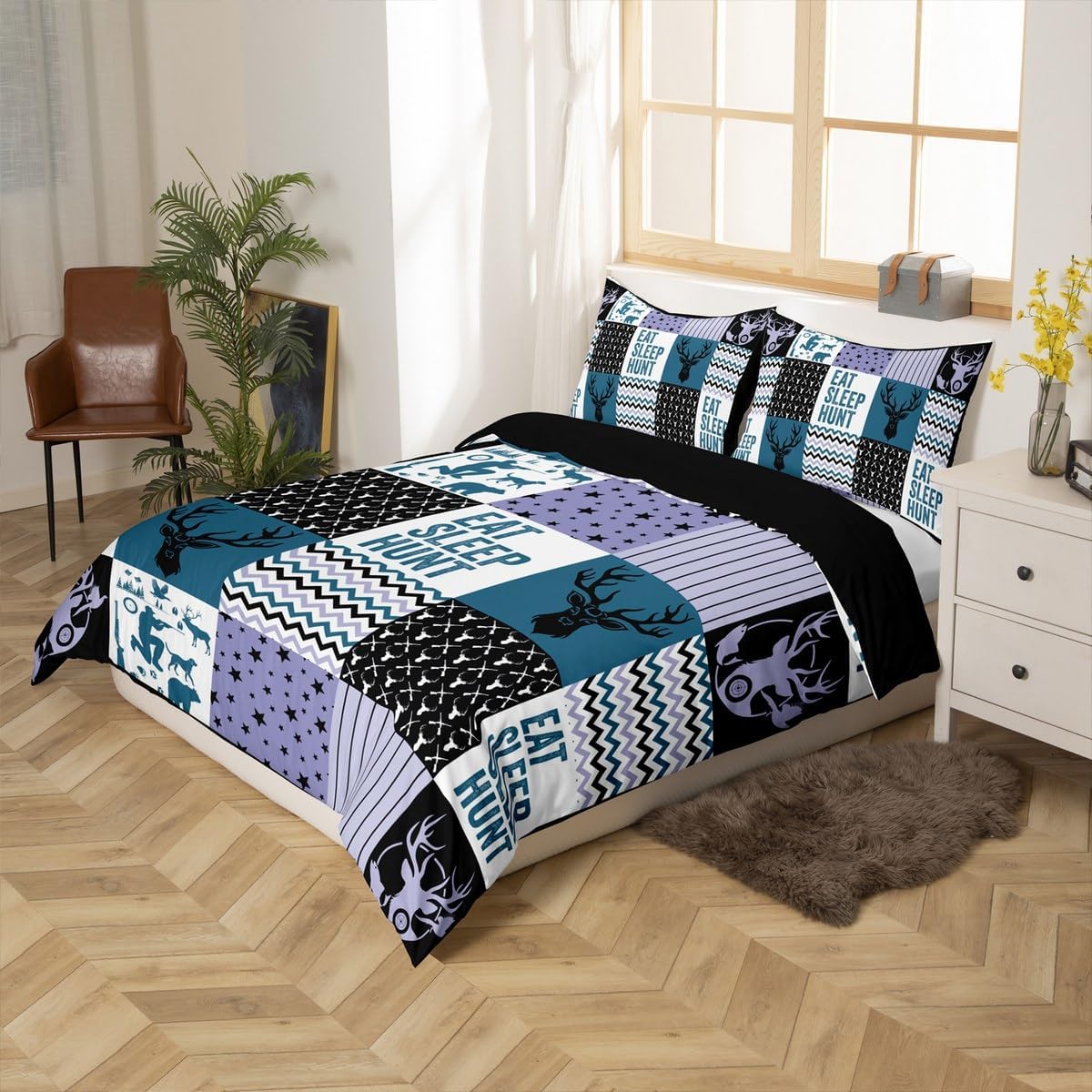 Homewish Deer Patchwork Duvet Cover Set Toddler Size,Eat Sleep Hunt Theme Reversible Quilt Cover for Kids Boys Girls Adventure Blue Purple Black Grid Bedding Set with 1 Pillowcase,No Comforter