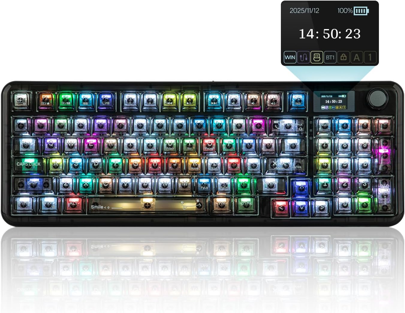 MechLands Aula F-NB98 Transparent Keyboard with RGB Backlits, 3 Modes Wireless Mechanical Keyboard with Display Screen, 8000mAh Battery, Shine Through Keycaps, Creamy Gasket, 1800 Layout (Black)
