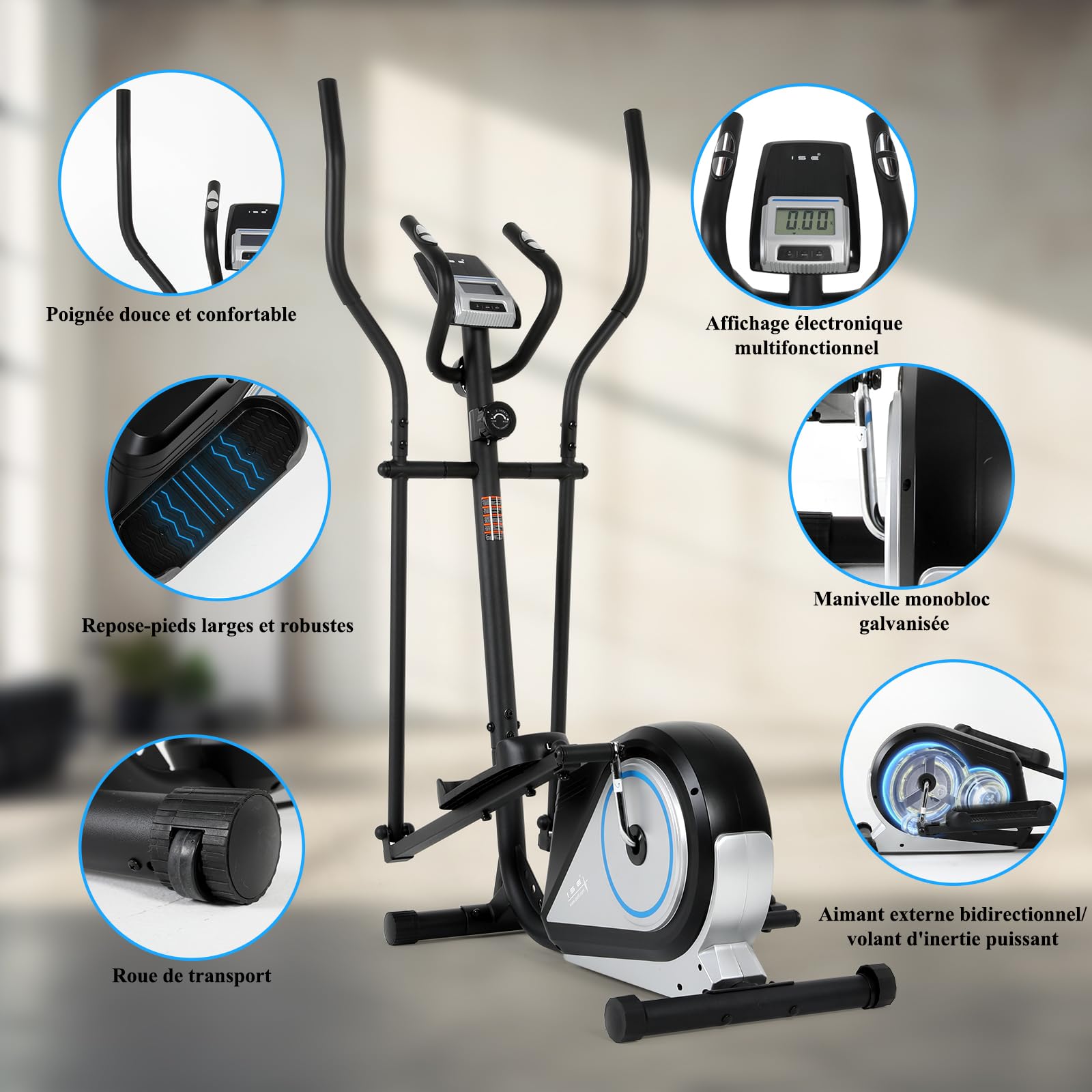 ISE Vélo Elliptique d'Appartement Magnétique, Vélos Elliptiques Maison/Bureau, Ecran LCD, avec 8 Niveaux Résistance, Affichage LCD Impulsion, Volant d'Inertie Magnétique, Velo Elliptique Cardio