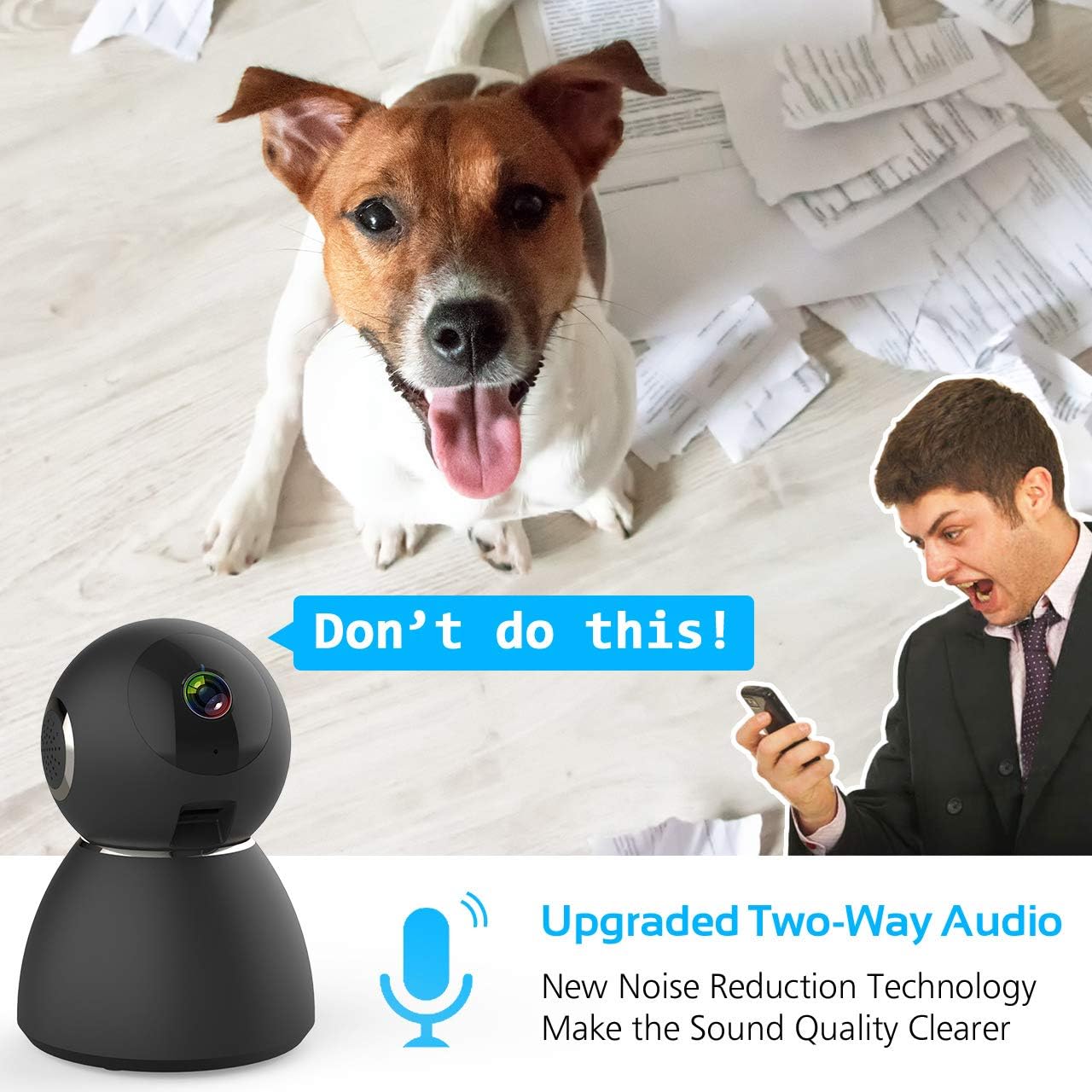 Image of the Ctronics camera with a microphone icon and text 'Upgraded Two-Way Audio'. A man is shown looking at his phone with a dog on a couch in the background.