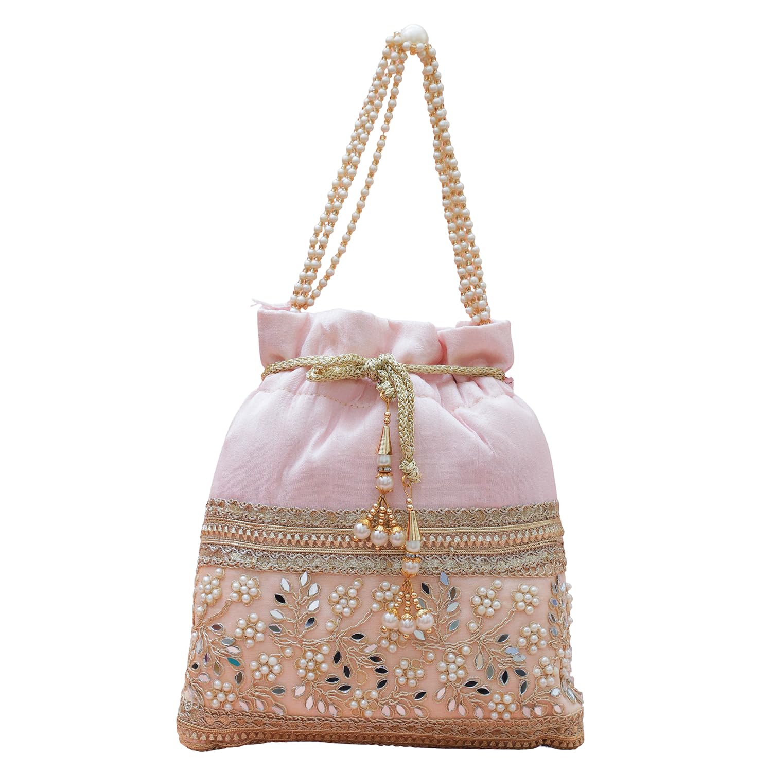 Potli Bag Pastel Pink Fabric with Golden Zari, Mirror & Pearl Floral Embroidery, Drawstring Closure & Beaded Handle Gift for Women & Girls-image-46