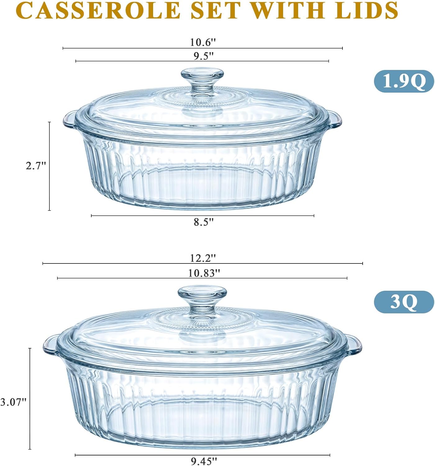 2 Pieces Glass Casserole Dish with Lid, 1.9 Qt and 3 Qt Glass Baking Dish for Oven & Microwave, Versatile Deep Glasses Food Container for Baking, Cooking