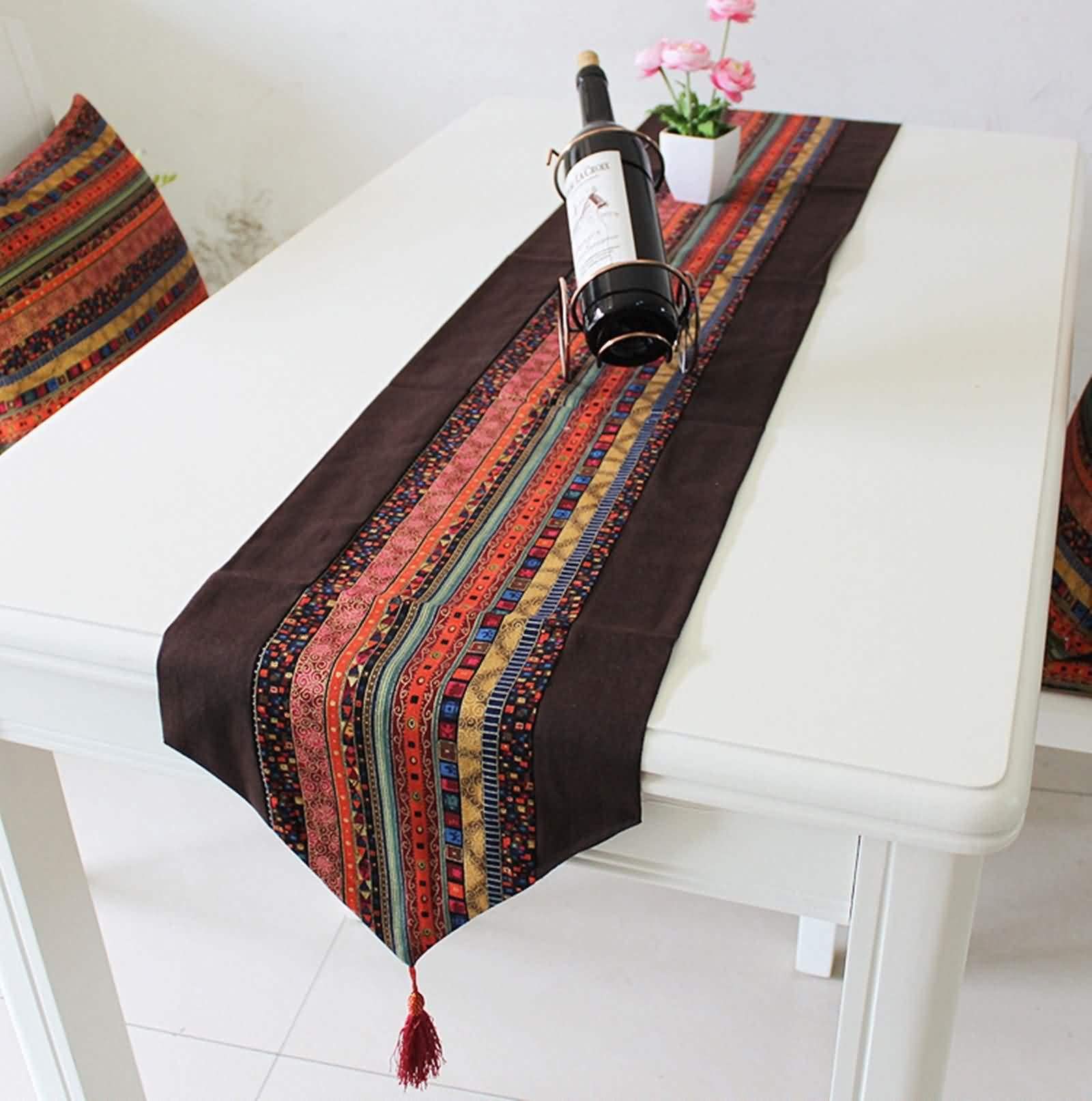 Table Runner Wedding, Tischläufer Braun Rot 32x180CM Vintage-Muster Bettwäsche Baumwolle Tischdeko Wohnzimmer Küche Geburtstage