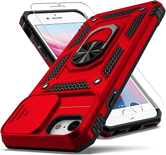 for iPhone SE Case 2022/3rd/2020/2nd gen/7/8,with Camera Lens Cover HD Screen Protector,[Military Grade] Car Mount Kickstand Shockproof Protective Case for iPhone 8, Red