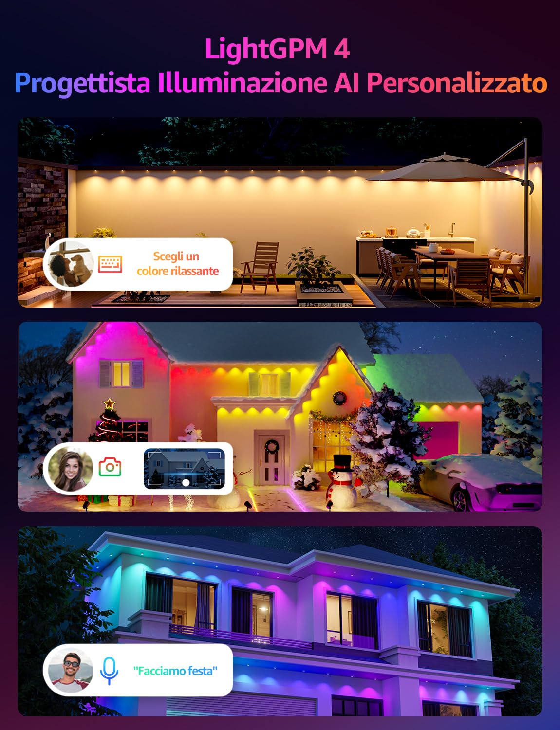 Lepro E1 AI Luci Natale Esterno 30m,60 LED RGBIC & Luce Bianca | Decorazioni Natalizie Compatibile con Alexa/Google Home,Tema AI per Luci Natale,Progettista Illuminazione AI Personalizzato