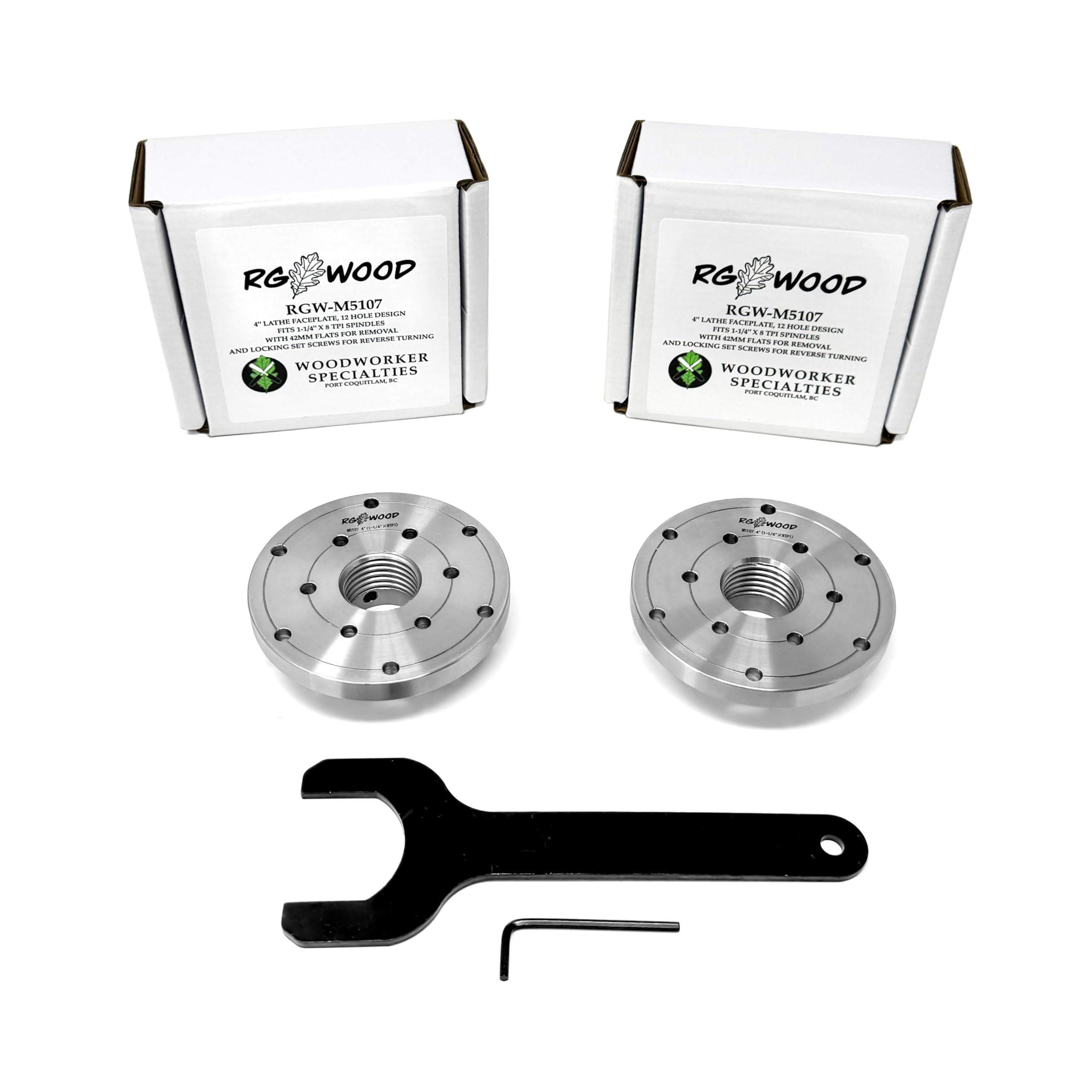 HD Steel Faceplate Set for Woodlathes - Includes 2 identical 4" faceplates with set screws for reverse turning (for 1-1/4" x 8tpi Spindles), PLUS a