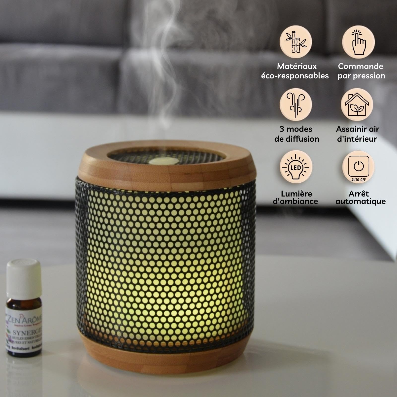 Zen'Aromat dyfuzor olejków eterycznych Elipsja - ultradźwiękowy dyfuzor aromaterapia na zimno - Elektryczny dyfuzor zapachowy do domu - wielofunkcyjne oświetlenie LED - naturalne materiały bambusowe i