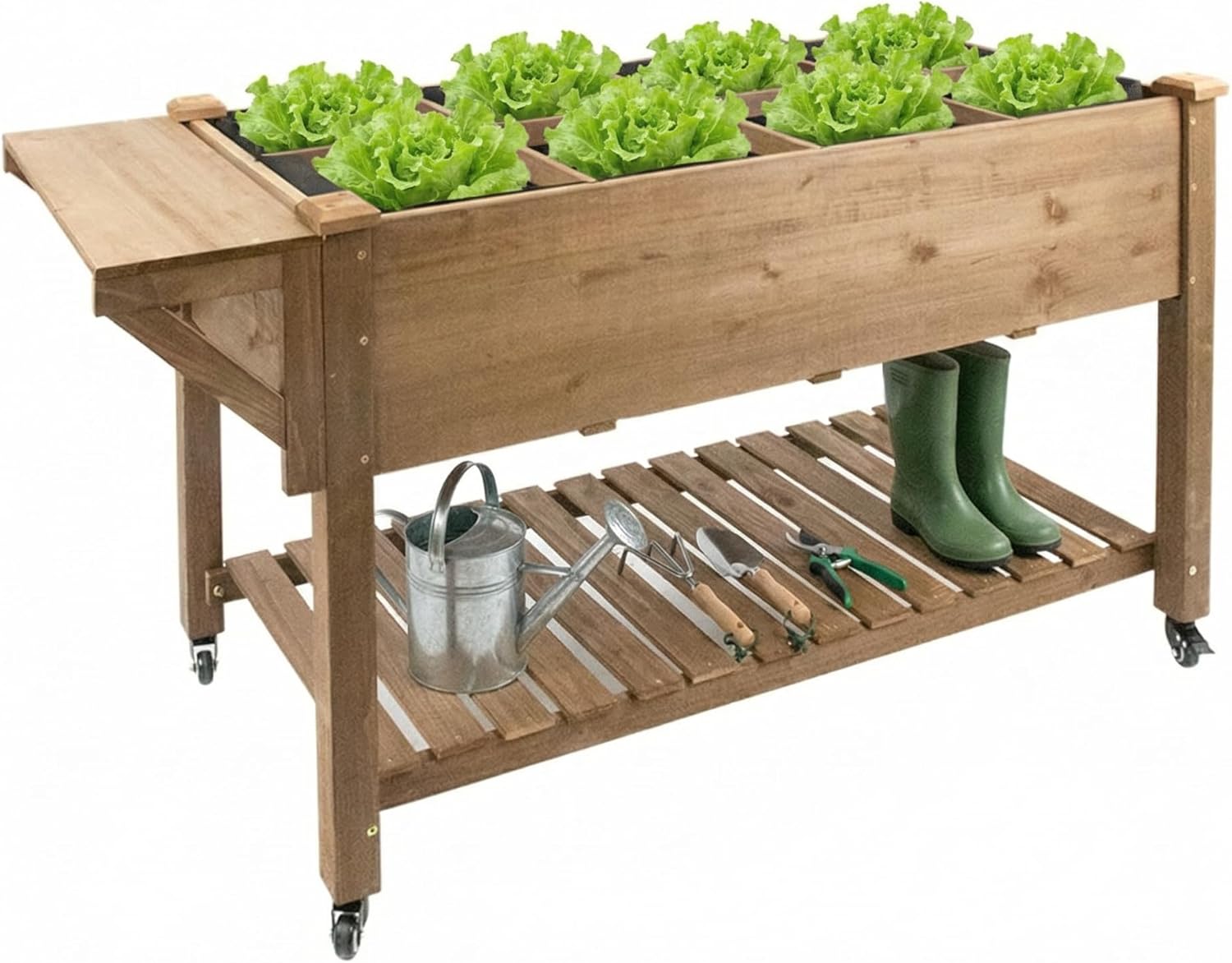 33"H Raised Garden Bed with Wheels, Ergonomic Elevated Wood Planter Box with Shelves and Root Drainage, Upgraded Metal W-Shaped Sturdy, Ideal for Vegetable Herb Flower, Backyard Balcony Patio