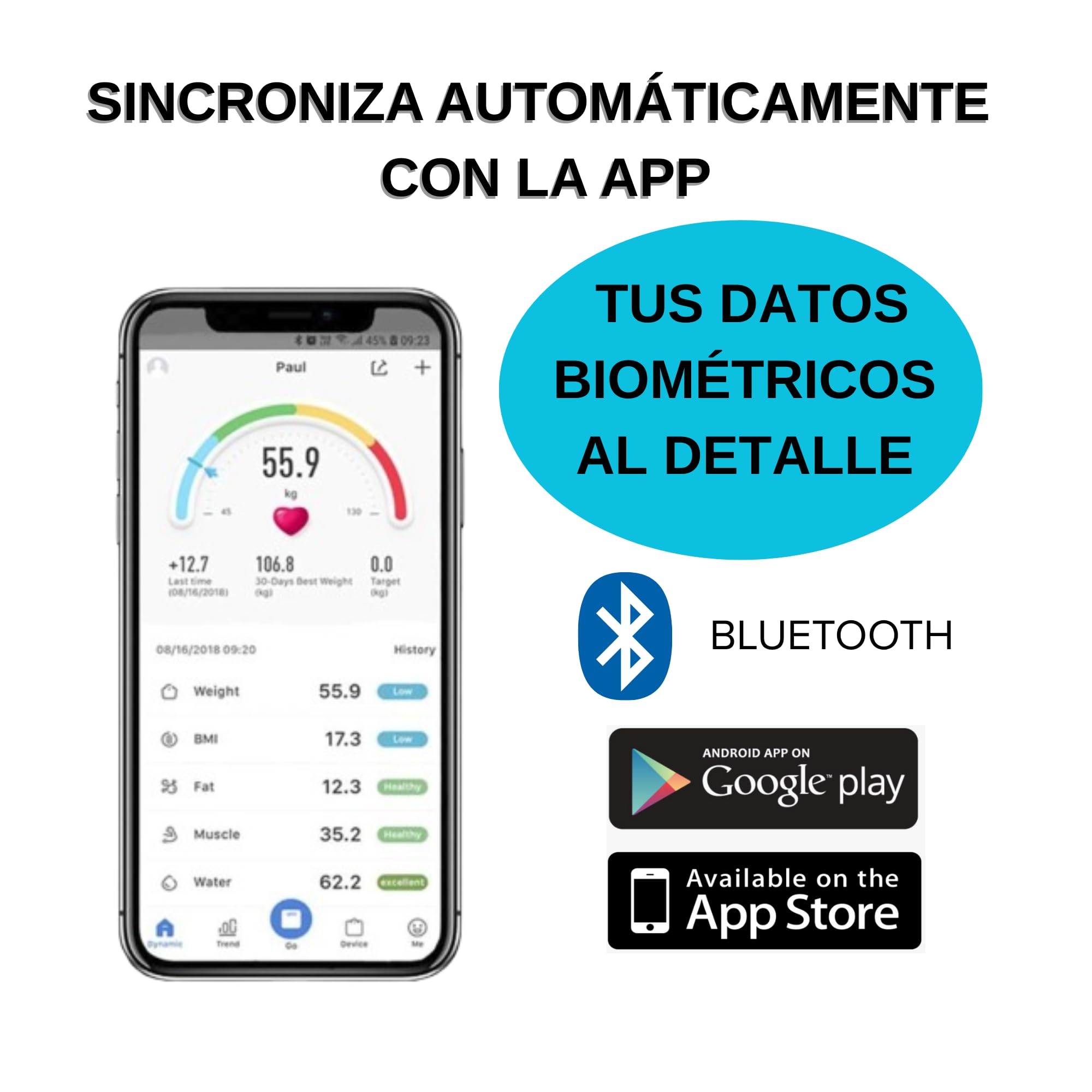 Báscula inteligente Bluetooth – Peso y% de grasa corporal – Análisis corporal completo en APP (IMC, músculo, agua, metabolismo) – Precisión profesional – Pantalla LED – Compatible móvil