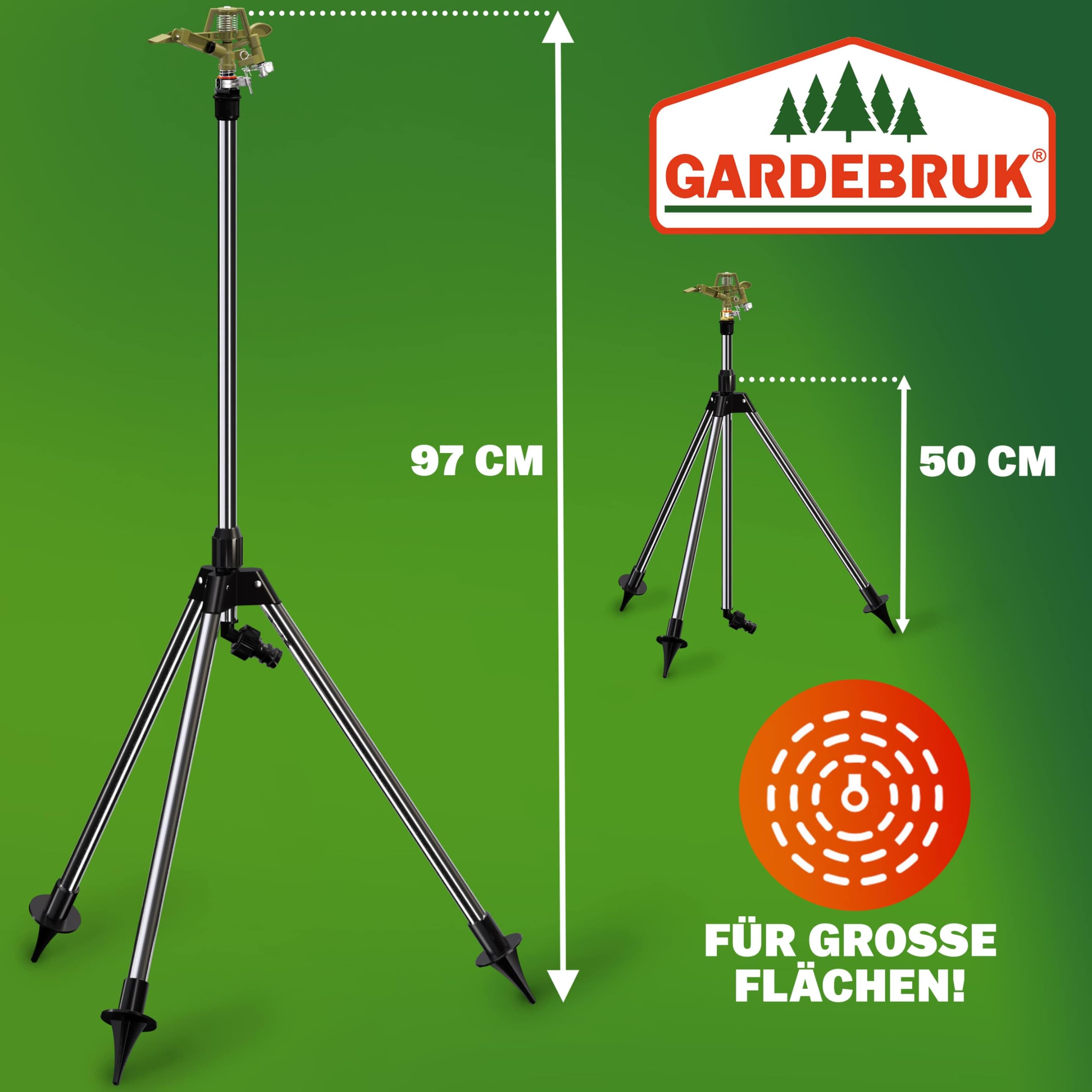 GARDEBRUK® Sprinkler mit Teleskopstativ Erdspieß Sprengweite bis 24m Garten Impulsregner Rasensprenger Sektorenregner Gartenbewässerung Wassersprinkler