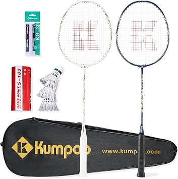Badminton Racket Set of 2 Carbon Shaft Rackets, 3 Shuttlecocks, 2 Overgrips and 1 Racket Bag | Badminton Rackets and Birdies Complete Sets for 2 Players Backyards Games Beginners Adults