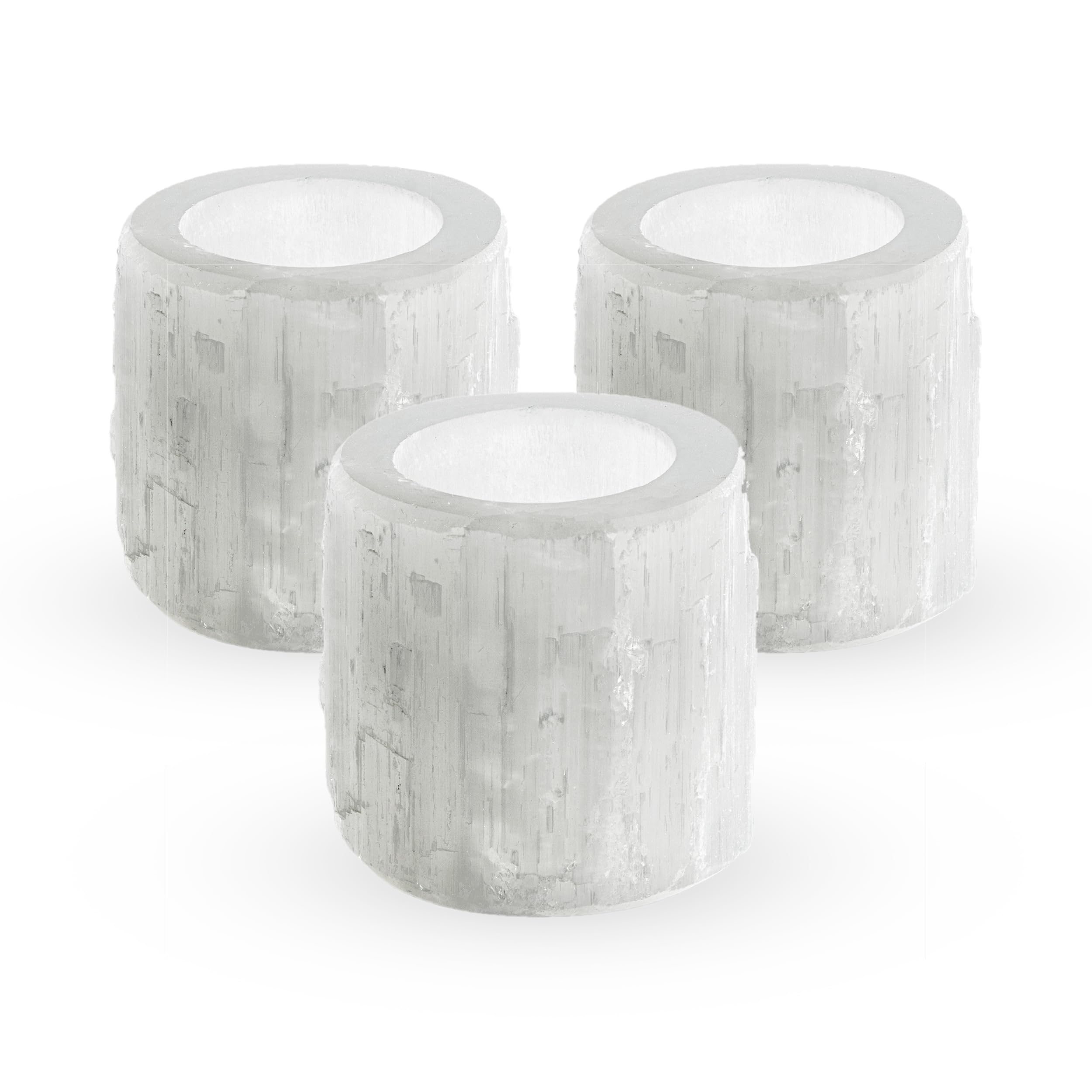 NKlaus 3 x Selenite Tea Light Holders 6 x 6 cm - Handmade Candle Holder Made of Healing Stone, Ideal for Meditation, Reiki & Decoration, Provides Soothing Light & Harmony