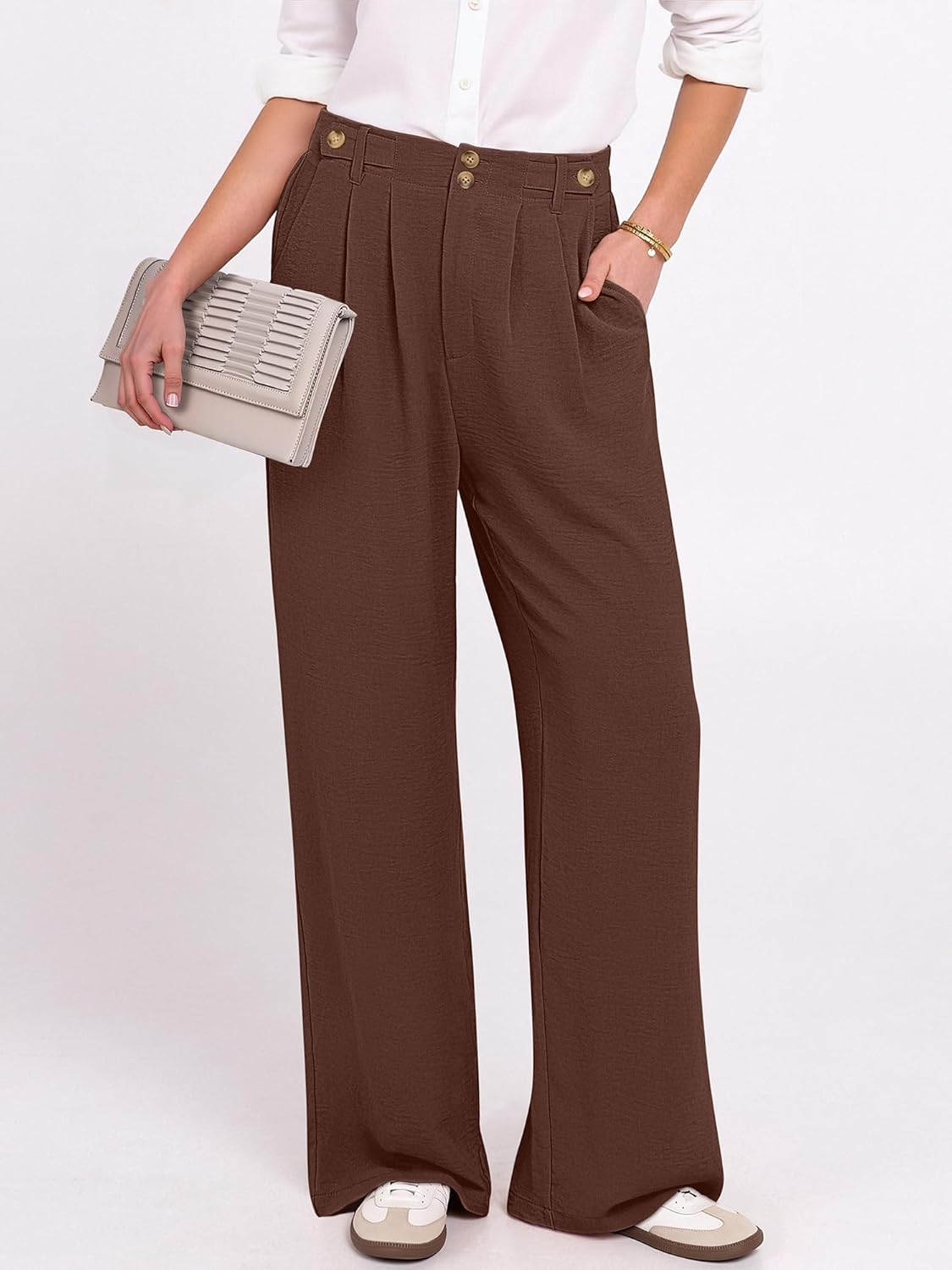 ANRABESS Womens Wide Leg High Waisted Pants 2026 Summer Button Pleated Work Dress Pants Trousers Business Casual Outfits - Image 2