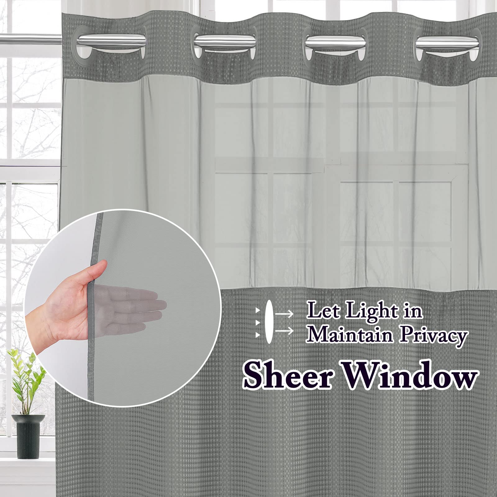 Gibelle Cortina de Ducha Extra Larga Gris de 72 x 86 Pulgadas, Tejido gofre con Forro de Tela a presión, no Necesita Ganchos, Estilo Hotel con Ventana Superior de Malla