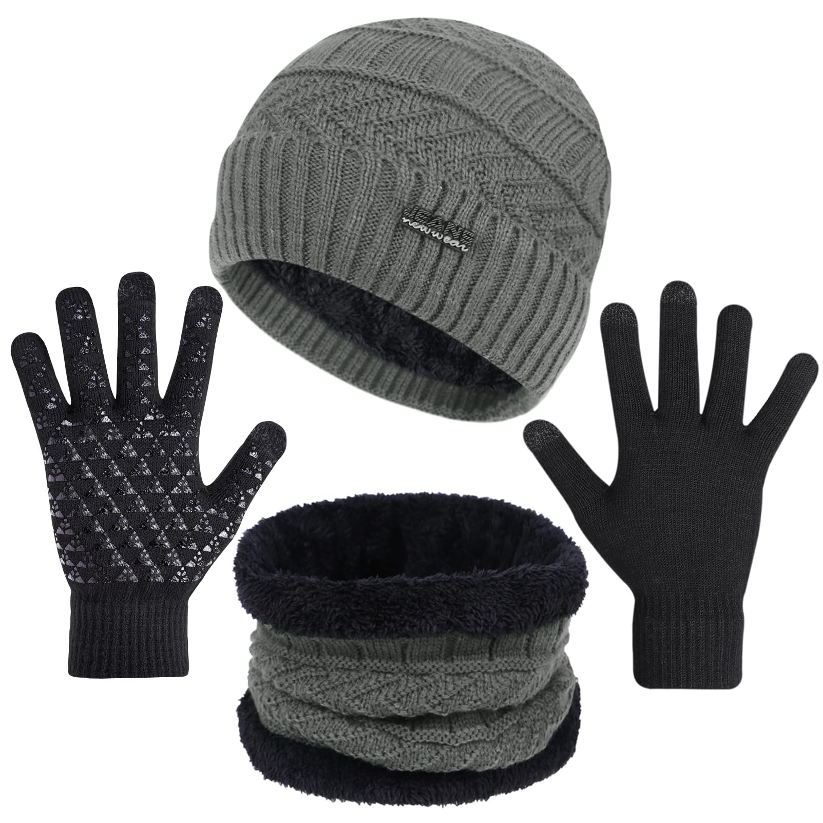 Winter Beanie Hat Scarf and Touchscreen Gloves Set for Men, Warm Knit Skull Cap with Fleece Lined Gifts