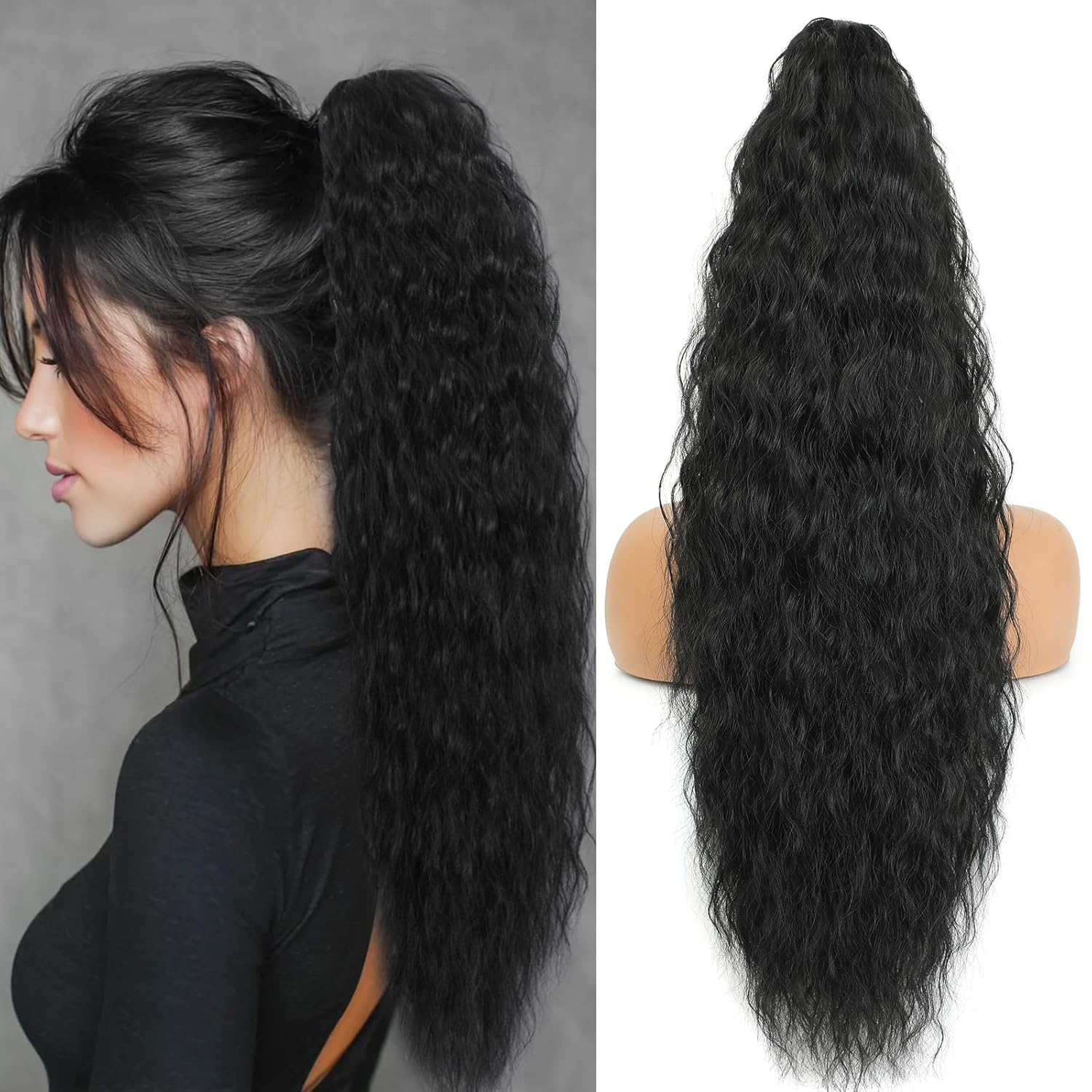30 Inch Long Claw Clip in Ponytail Extension for Women Wave Curly Ponytail fluffy Natural Looking Synthetic Hairpieces for Daily Use(Black,30Inch)