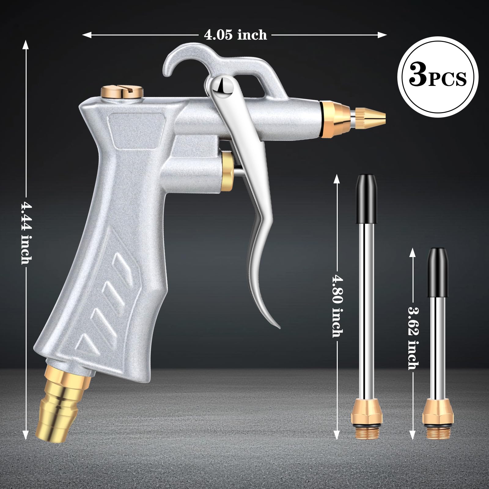 Paquete de 3 pistolas de aire industriales con 6 boquillas de flujo de aire de acero de extensión de 4 a 5 pulgadas, flujo de aire ajustable con boquilla de latón, accesorios de compresor de aire para