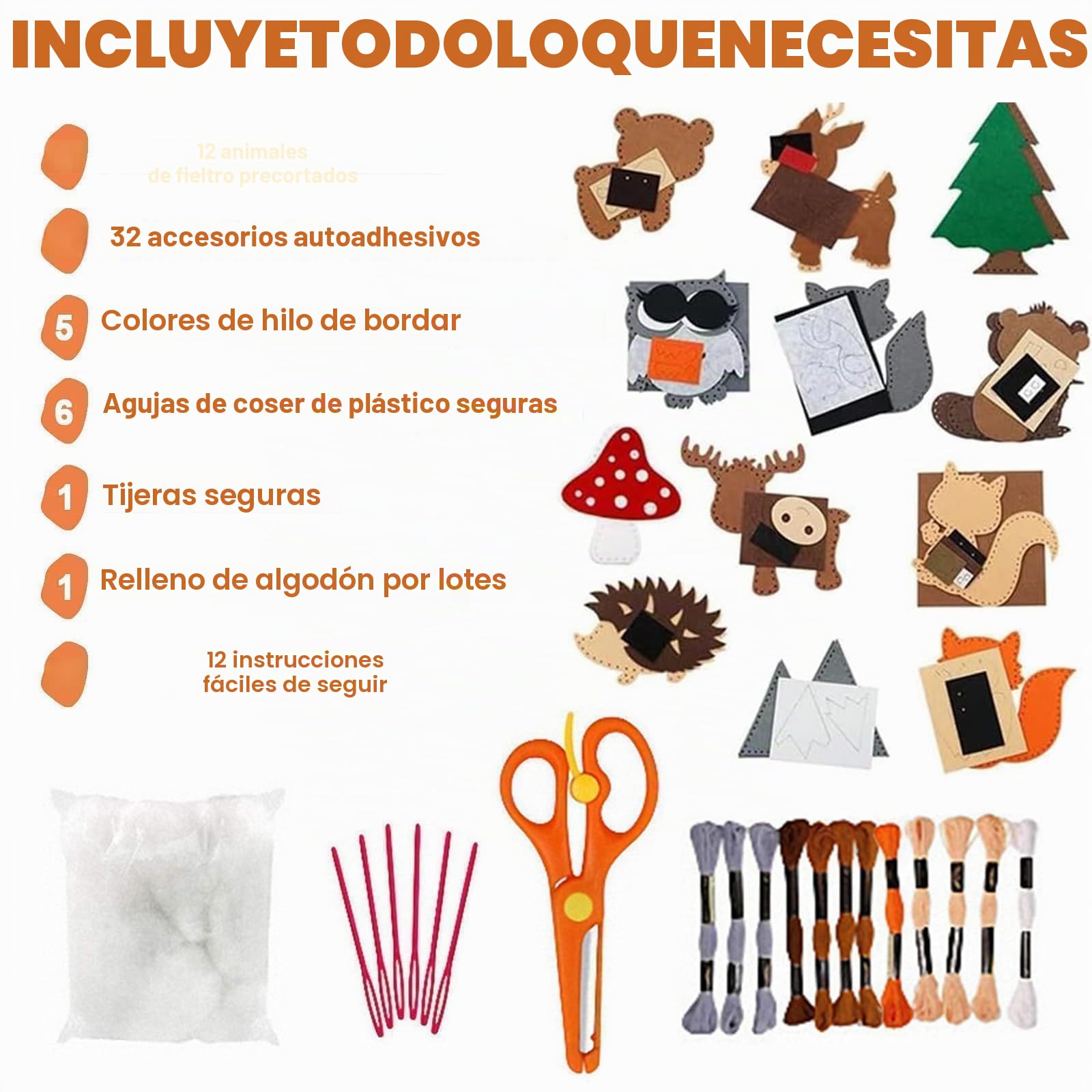 Celestia 12 piezas kit costura niños – Figuras de animales de peluche para coser y rellenar, adecuado para niños de 6 años y más y principiantes