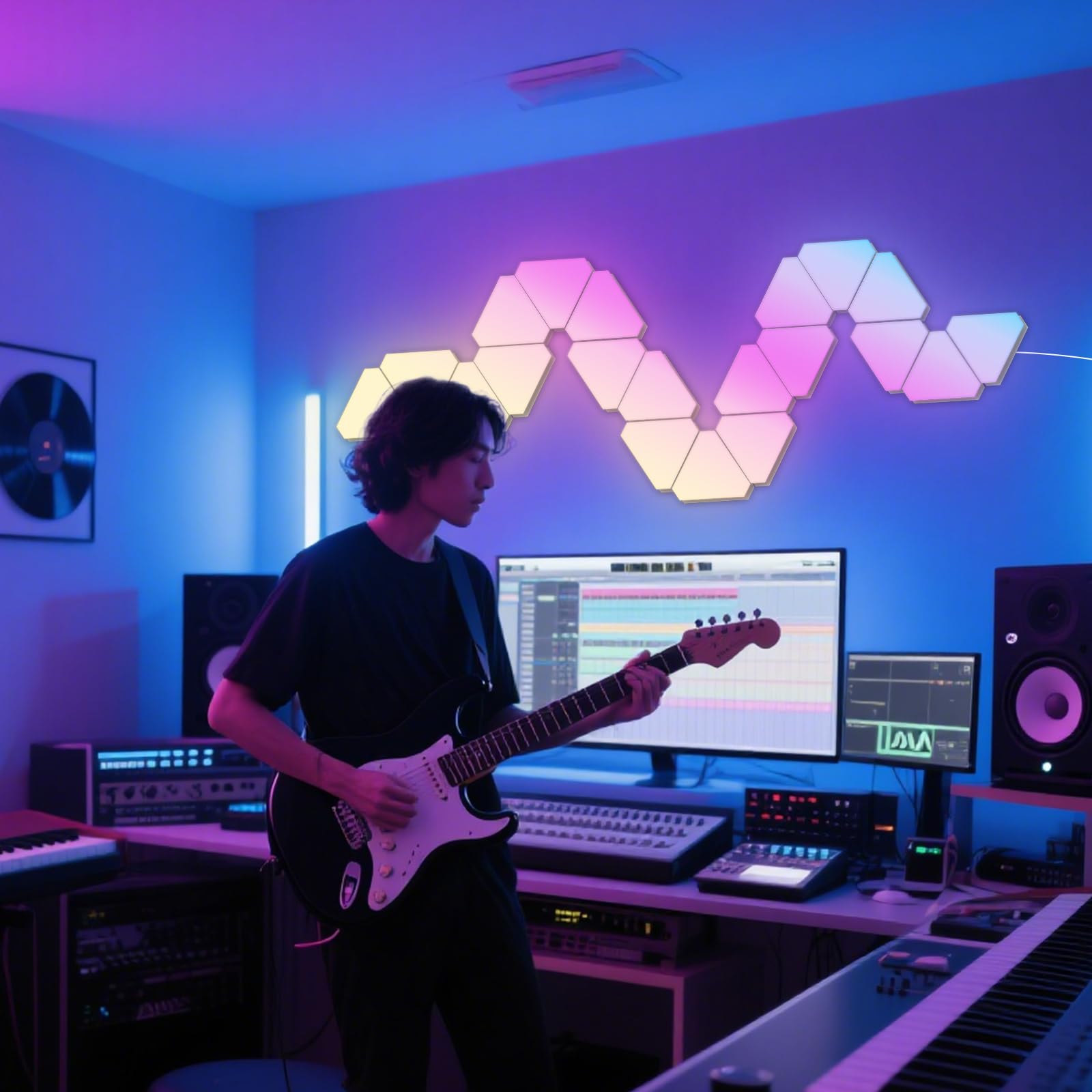 10 pannelli da gioco a LED, LED Smart Wandleuchte Wifi RGB con IC Musik Sync Wandbeleuchtung Triangoli, App Steuerung funktioniert mit Alexa Google Zimmer und Gaming Deko