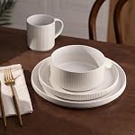 Richmount Star Dinnerware Sets, Plates and Bowls Set for 4, 12 Piece Dish Set, Ribbed, Matte White