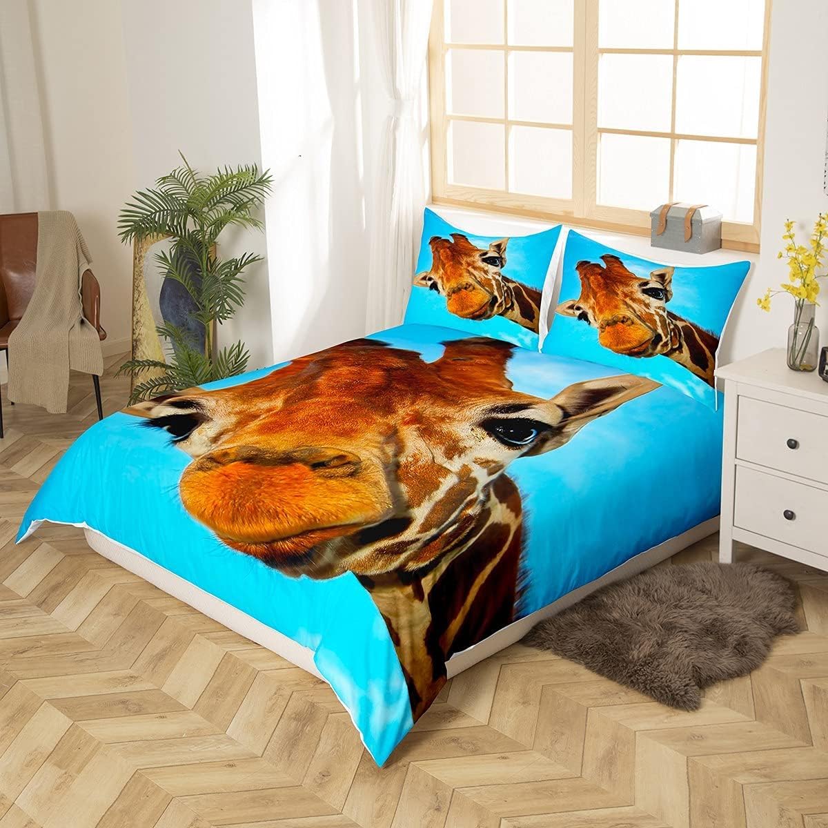 Loussiesd Giraffe Duvet Cover Junior/Cot Bed for Girls Boys 3D Safari Wild animals Bedding Set african Wildlife Print Comforter Cover Blue Brown Bedspread Microfiber Quilt Cover Zipper Cute 2 Pcs - Image 2